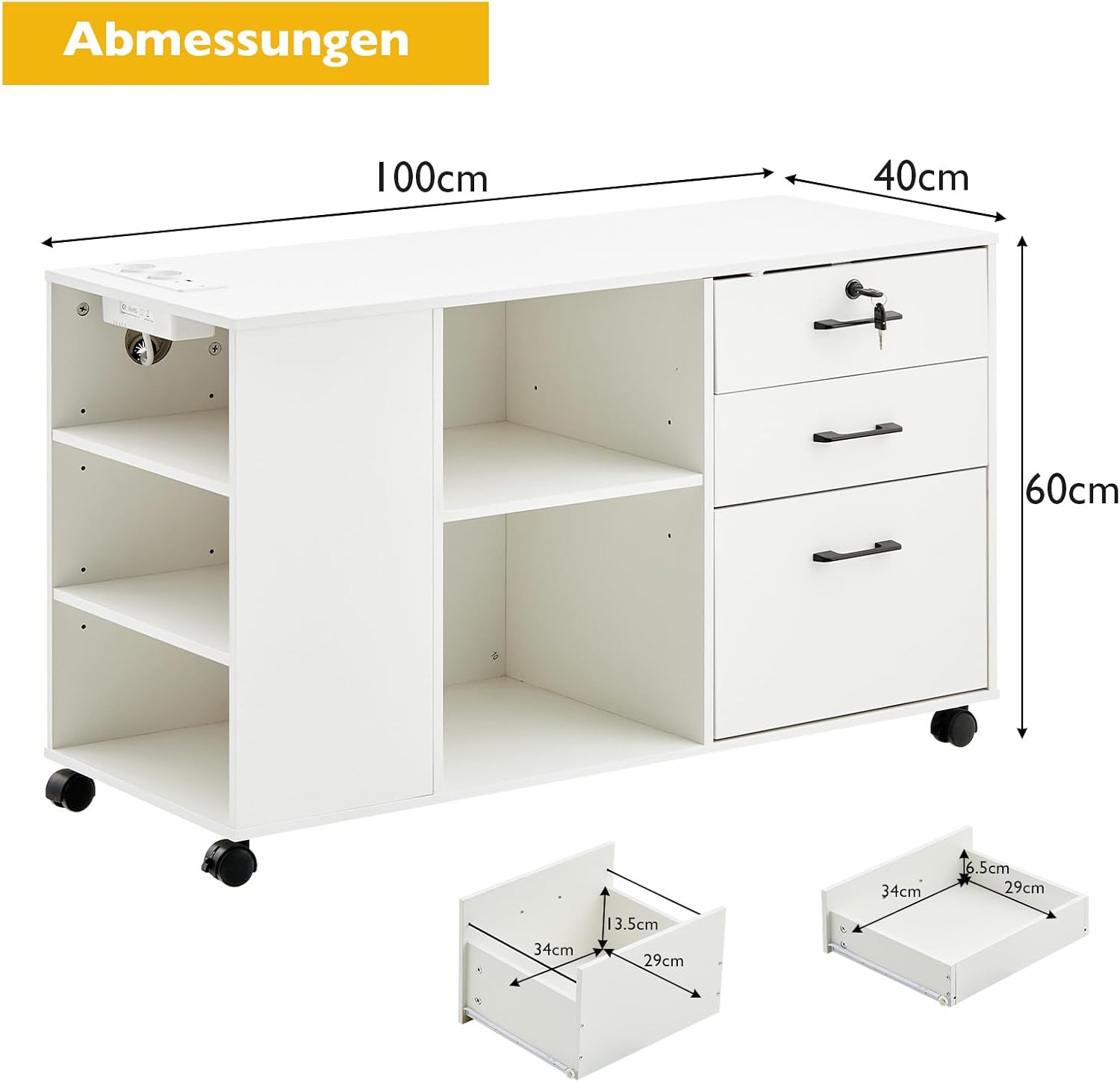 Thumbnail 2 de CLIPOP Rollcontainer abschließbar mit 5 Rollen, 3 Schubladen und Steckdose – mobiler Bürocontainer für Büro & Zuhause, weiß