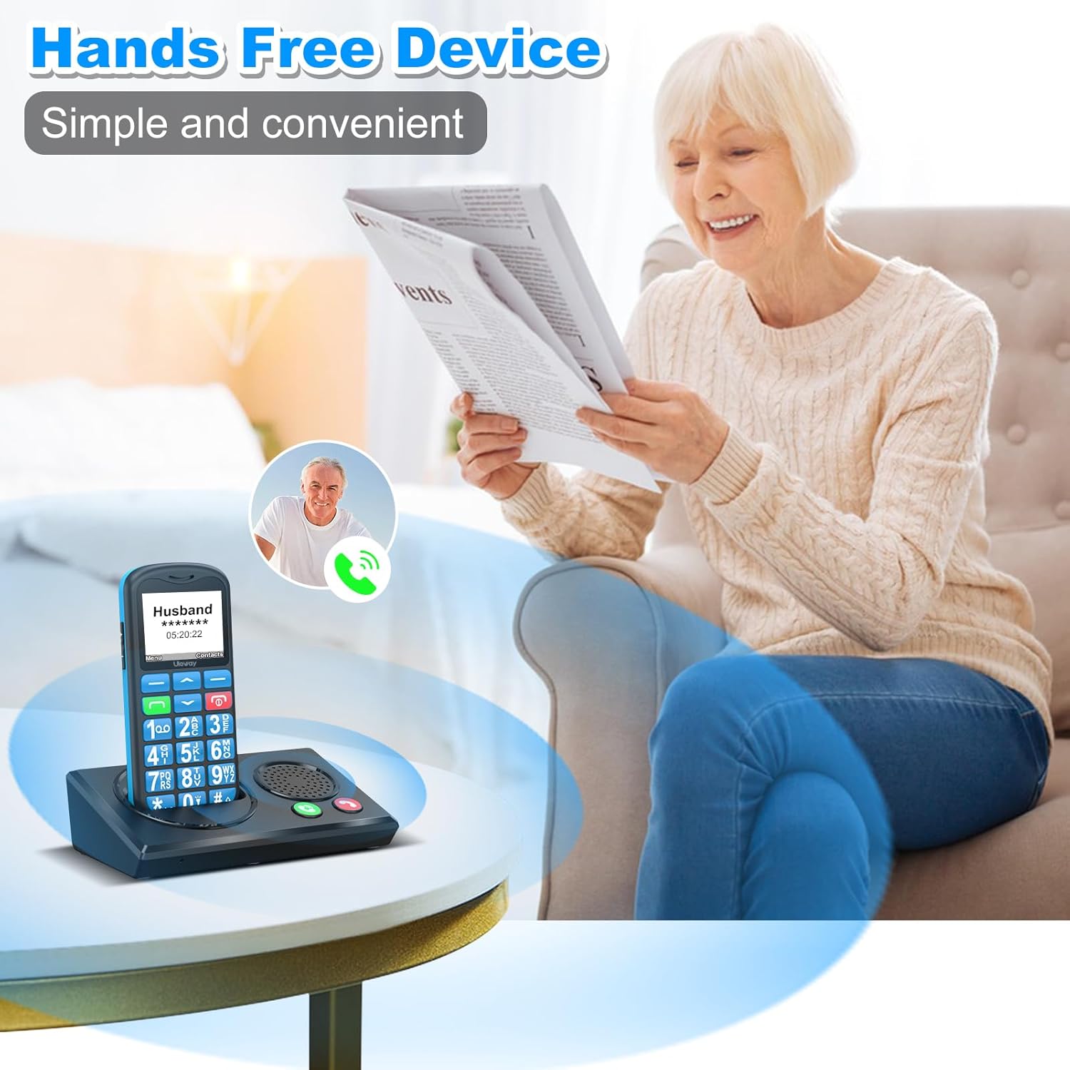 Detalle de uleway 4G Senior Mobile Phone Unlocked with Bluetooth Charging Dock — Big Button Simple Phone for Elderly (Blue)