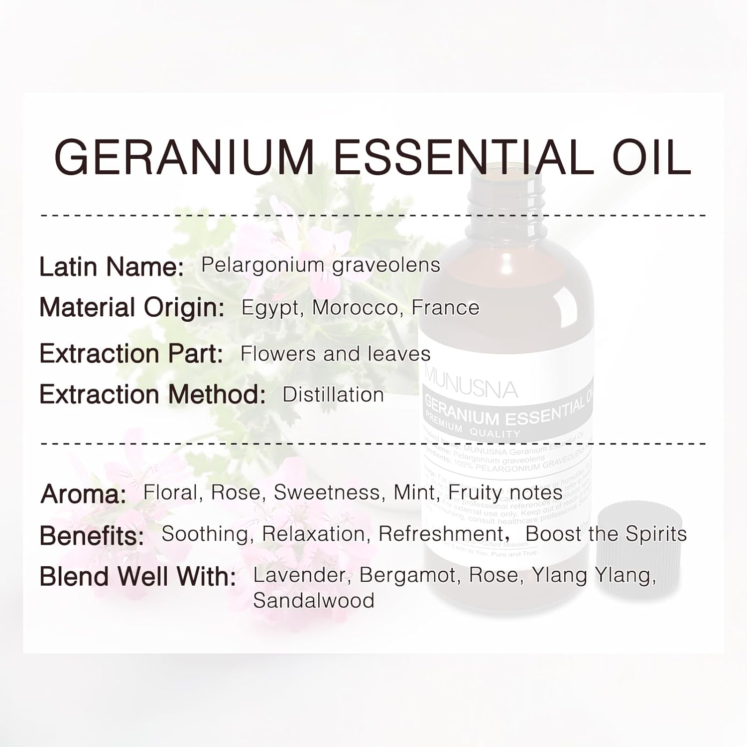Detalle de 100ml 100% Pure Geranium Oil Essential (Steam-Distilled) – Amber Glass Bottle with Dropper