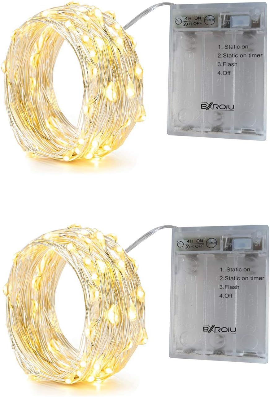 Detalle de BXROIU ESY-3DL-5M – łańcuch LED 2 × 50 diod, ciepła biel, srebrny drut
