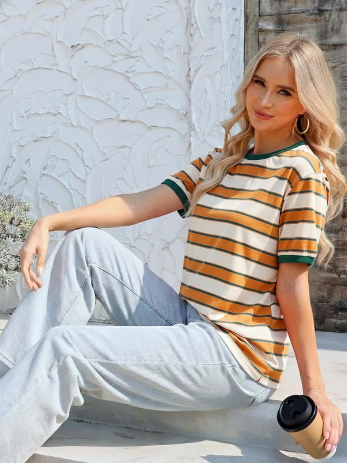 Detalle de Cuptacc Damen T-Shirt Rundhals Locker Gestripes, Baumwolle – Sommer-Top mit Kontrast