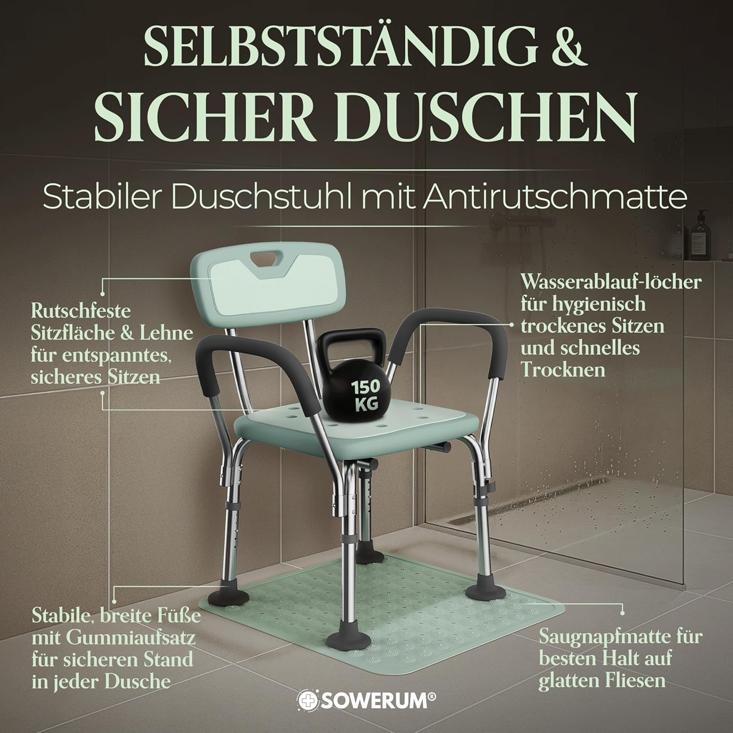 Detalle de Duschstuhl für Senioren mit Rückenlehne und Armlehnen (bis 150 kg) – rutschfest mit Antirutschmatte