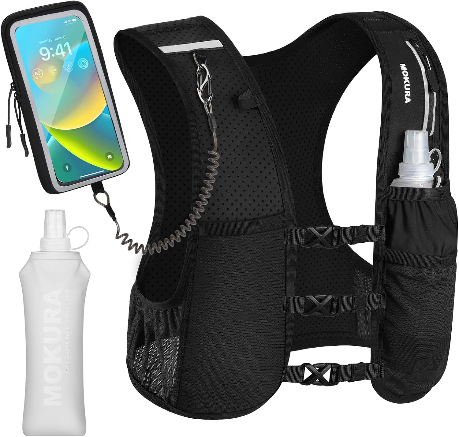 Detalle de MOKURA Running Vest-BL-M-001 Hydration Vest with 500 mL Flask and Phone Holder