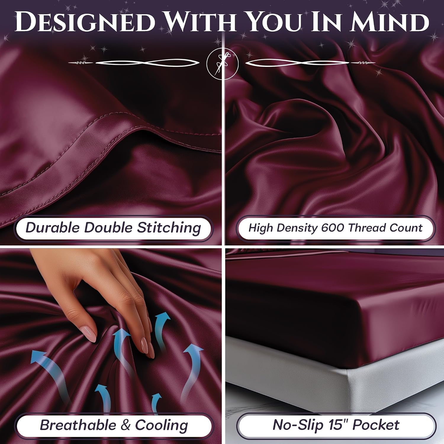 Detalle 2 de SLEEP SANCTUARY Satin Sheets Queen Size 15" deep pocket