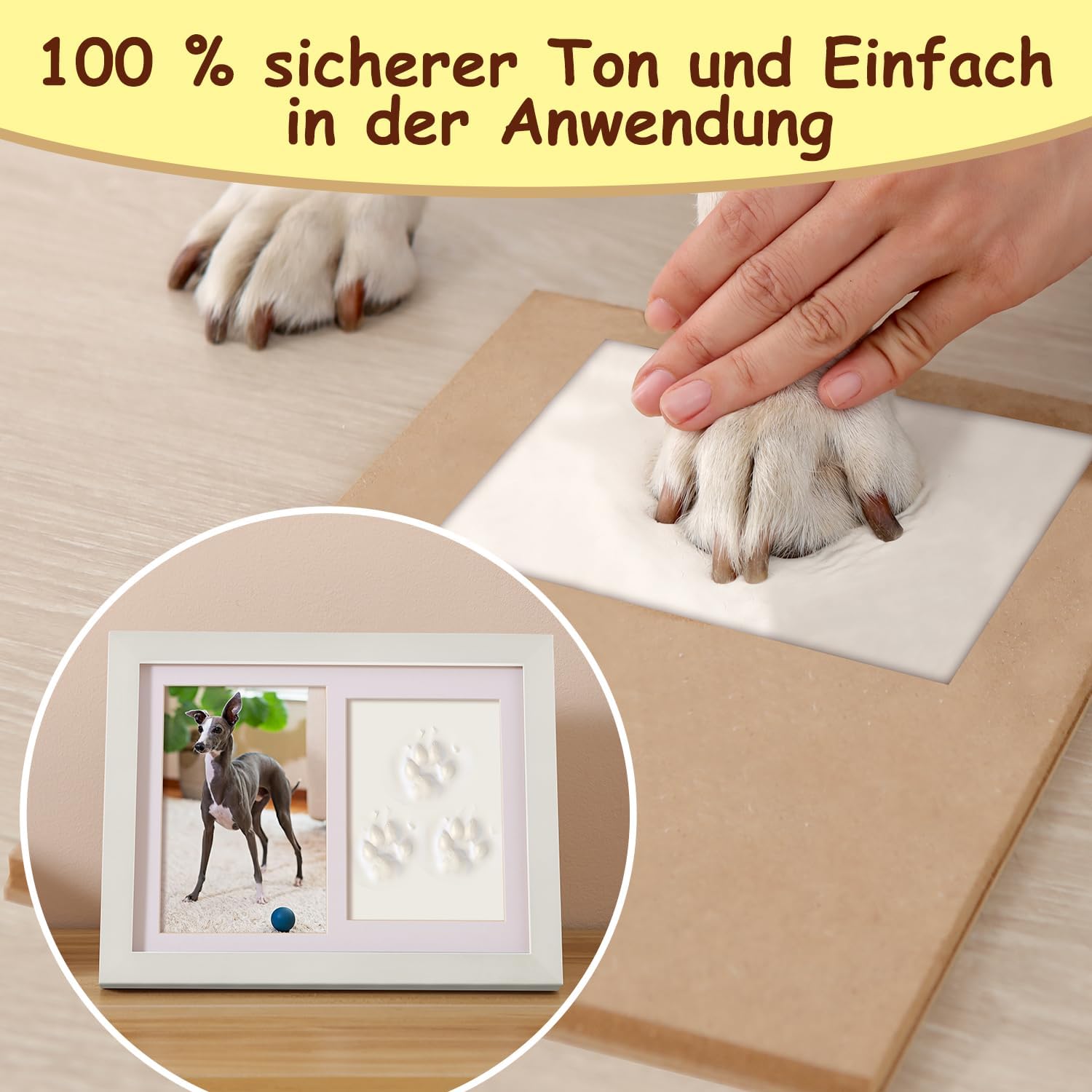 Thumbnail 2 de PewinGo Gedenkrahmen Hund und Katze – Pfotenabdruck-Set mit 4x6 Fotorahmen, Ton-Impressum, Display für 6x4 Zoll Fotos (Weiß)