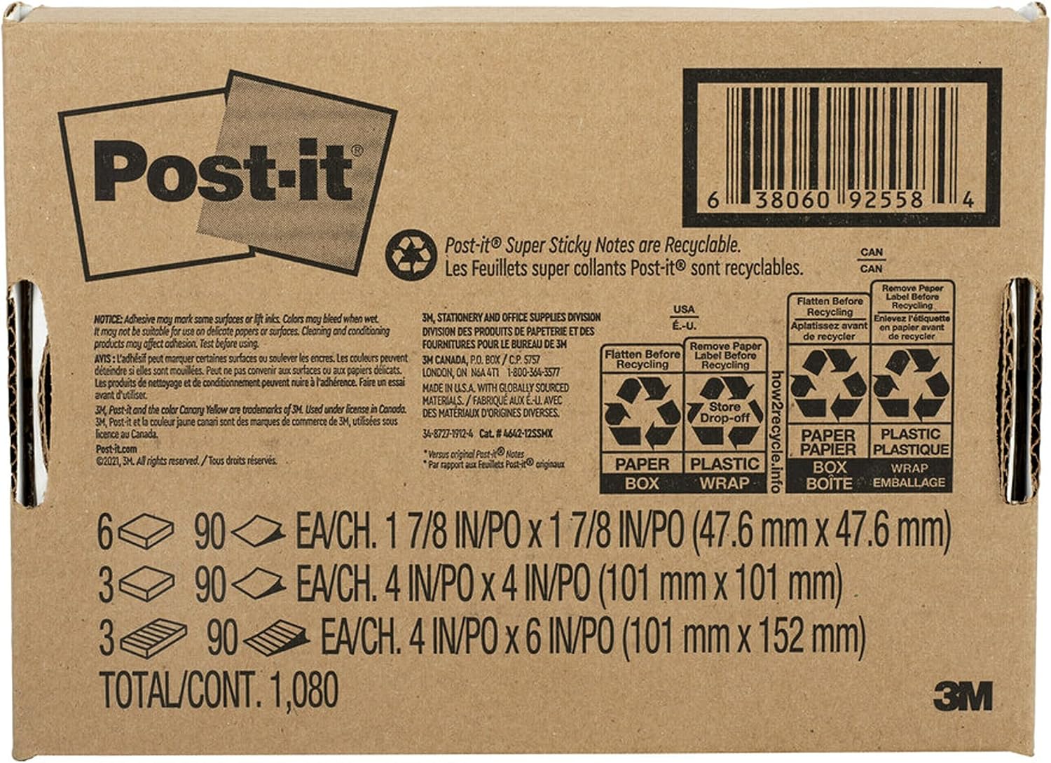 Detalle de Post-it 4642-12SSMX Super Sticky Notes, 3 Sizes, Bright Colors, 12 Pads