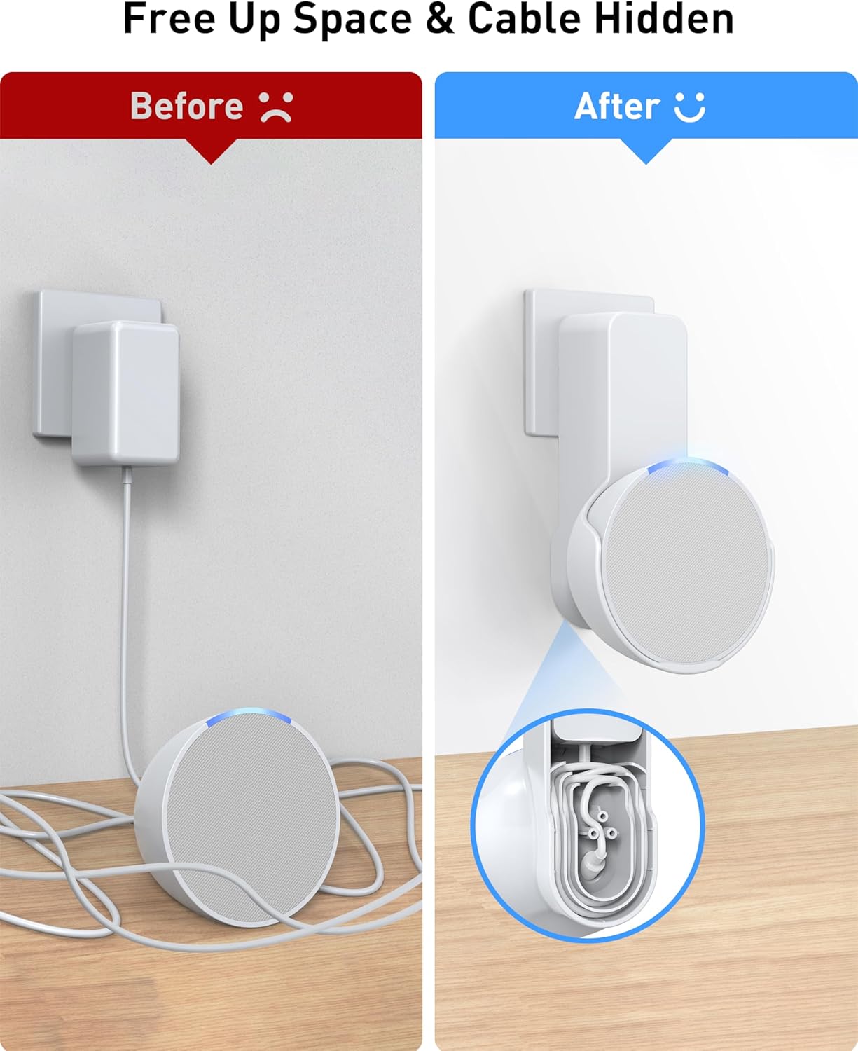 Detalle de Maxonar Wall Mount for Echo PoP & Google Nest Speaker (White, 2-Pack) — no-drill space-saving cable management