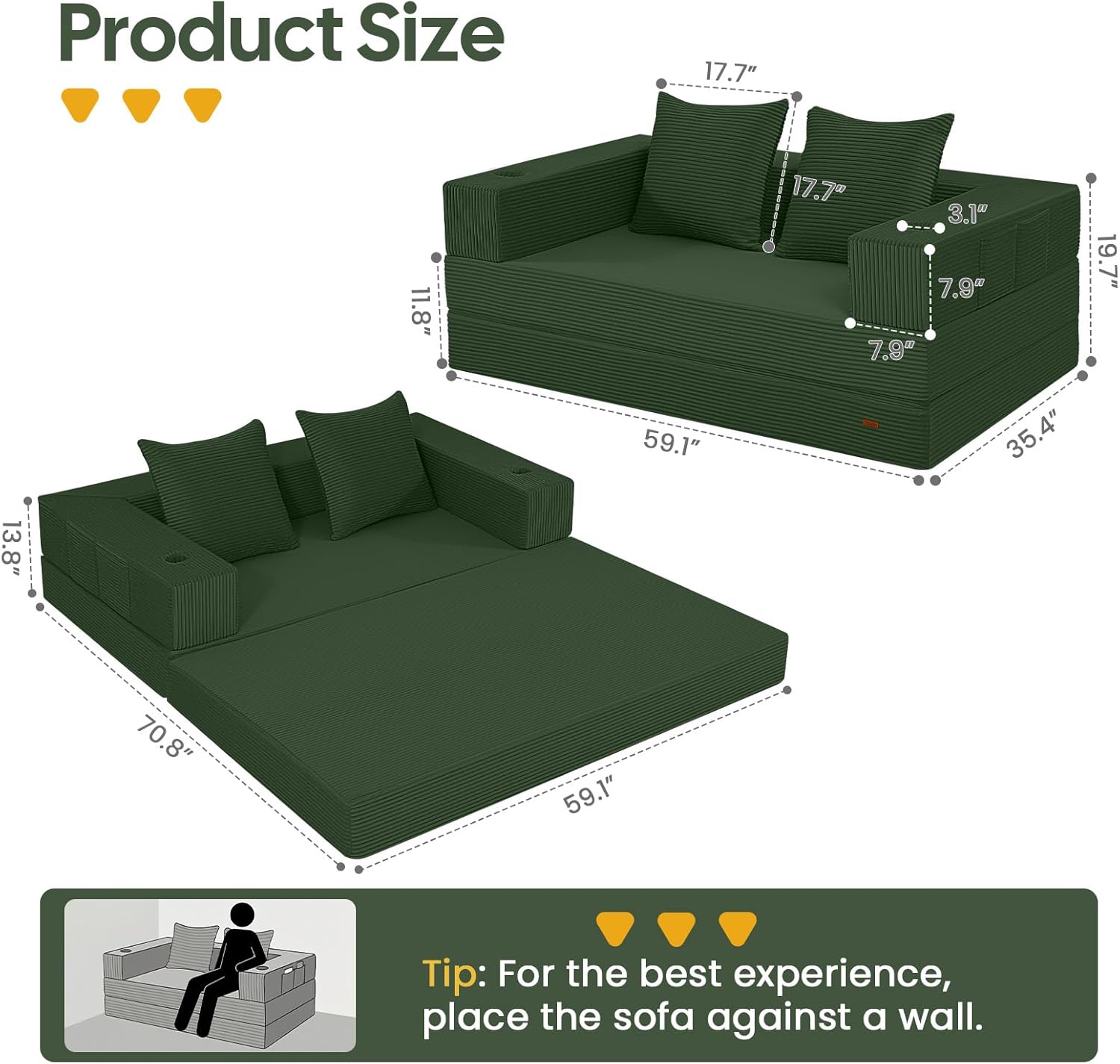 Detalle 2 de COMAX Folding Sofa Bed 4-in-1 Yellow 🛋