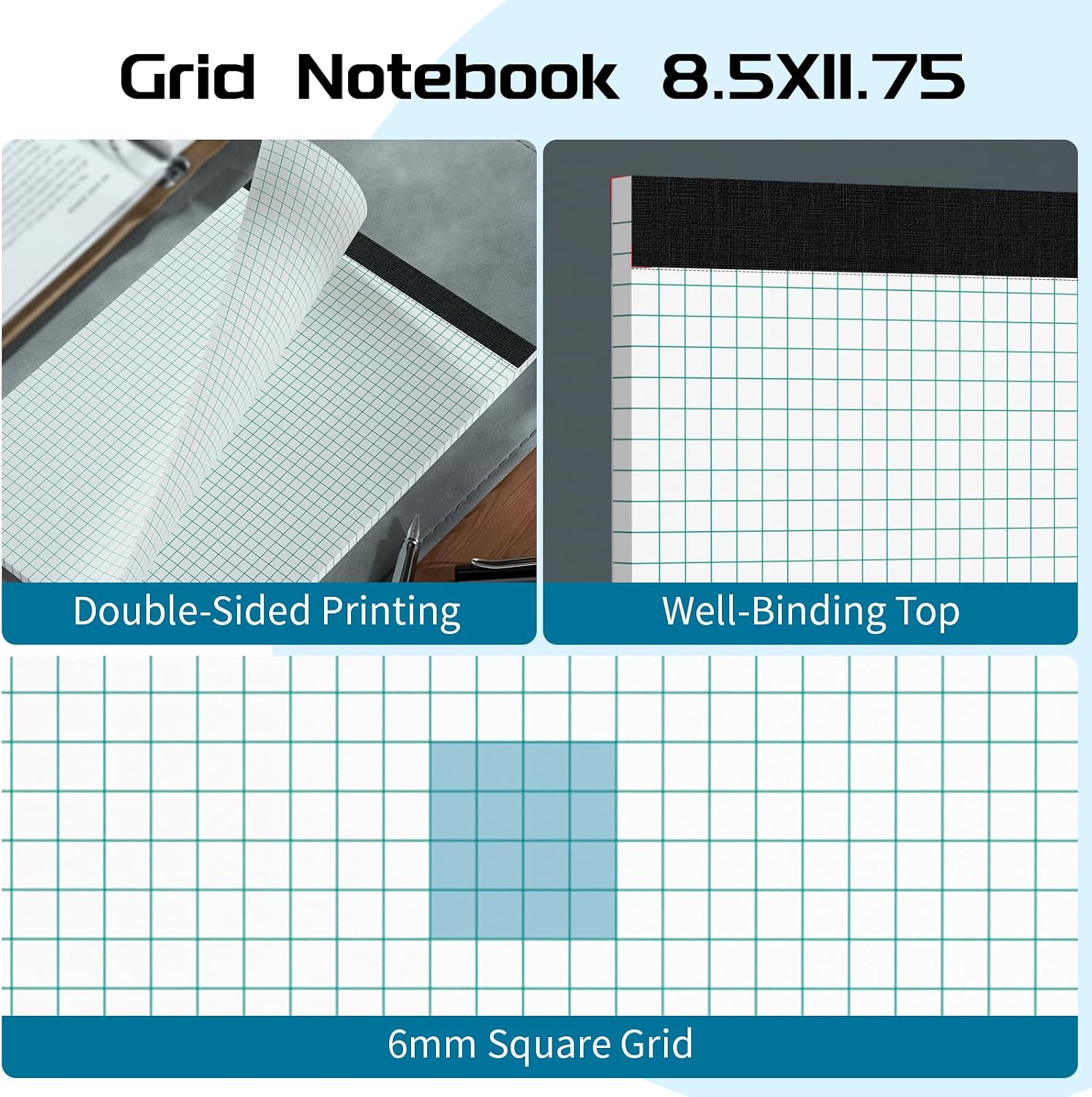 Detalle 2 de Roneky 8.5 x 11 Graph Paper Pads, 3-Pack, 4x4 Quad Grid, Perforated