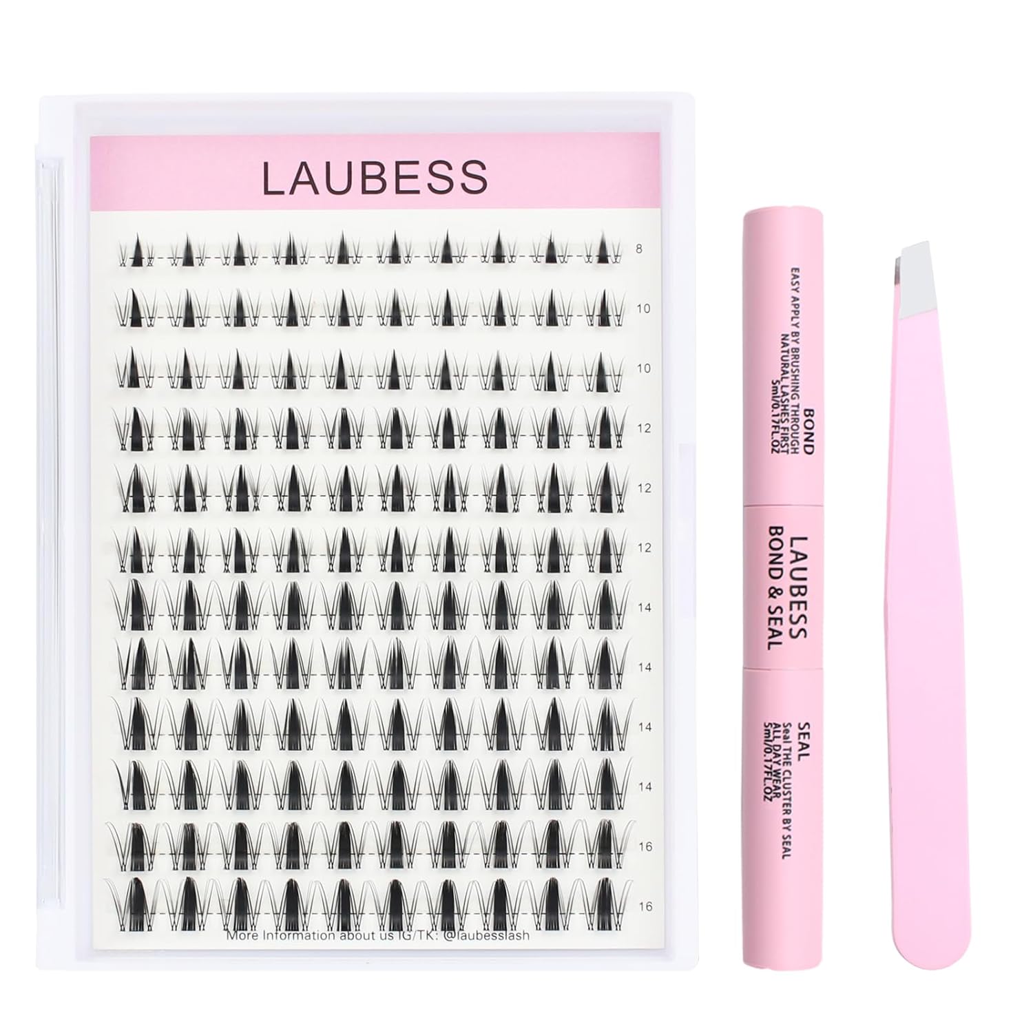 Detalle de LAUBESS Lash Extension Set Cluster Lashes – 0.07D Mix8-16 mit Kleber und Pinzette