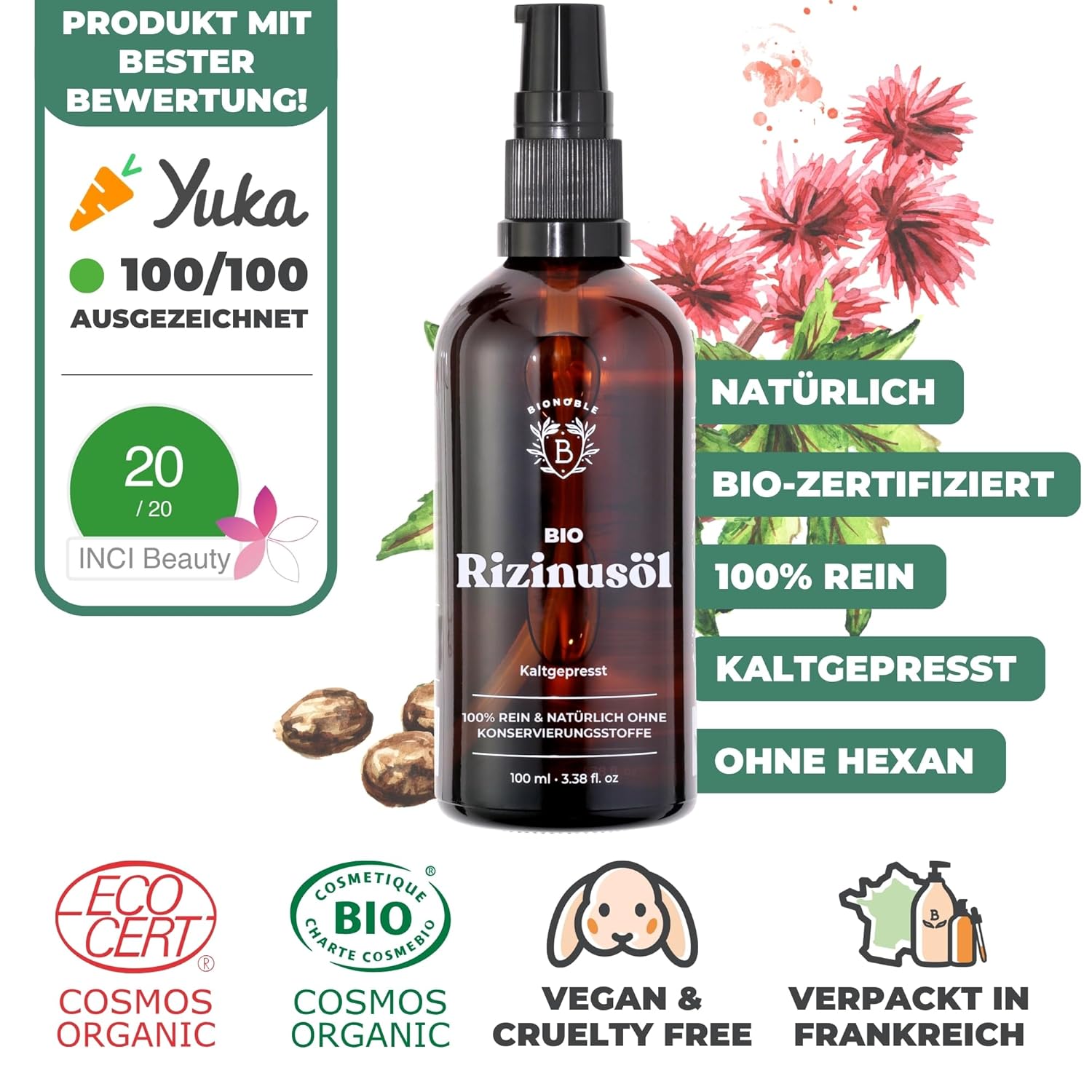 Detalle 2 de BIONOBLE Rizinusöl Bio 100 ml – Haaröl