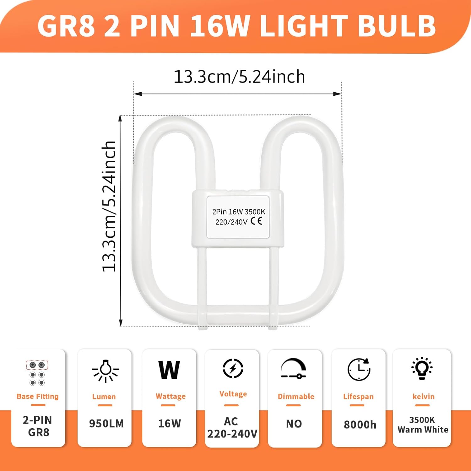 Thumbnail 4 de Akynite 16W 2D Square 2-Pin GR8 Cap Warm White CFL Lamp (3500K) – 230V, 950 lm, Non-Dimmable