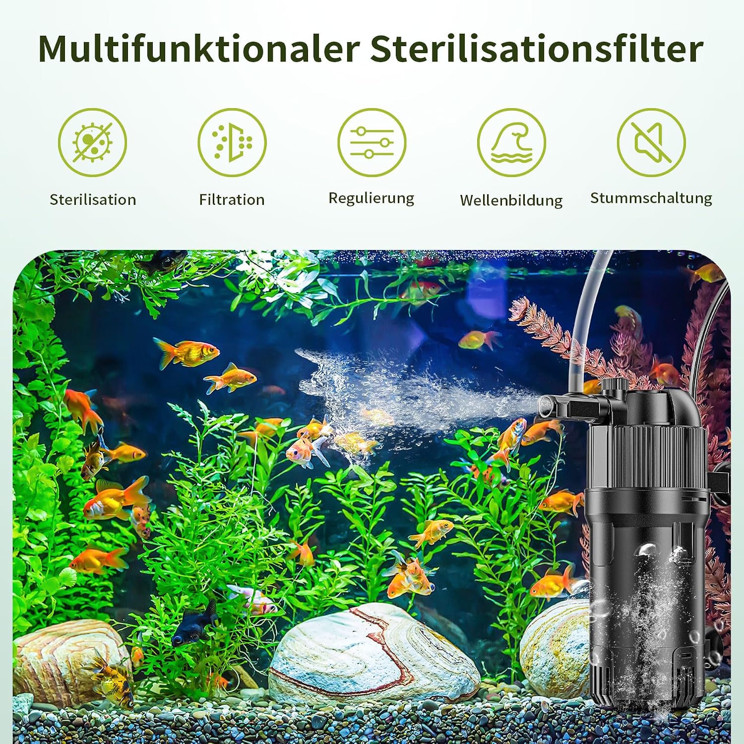 Detalle 2 de Forever Speed 5-in-1 Innenfilter mit UV 3W – inkl. Durchflussregler, Regenbrause & 180° Auslass für 40–120 L-Aquarien