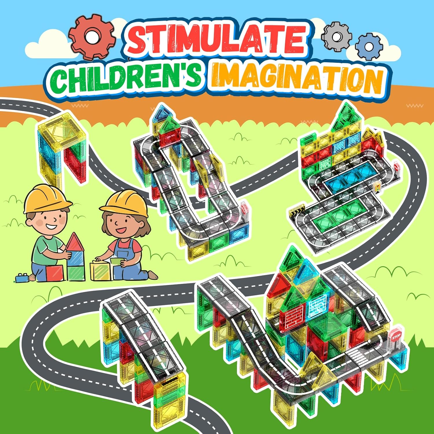Detalle de iKidiki 58 PCS Mini Travel Magnetic Tiles Set – Compact City-Building Play for 3–6 Year Olds