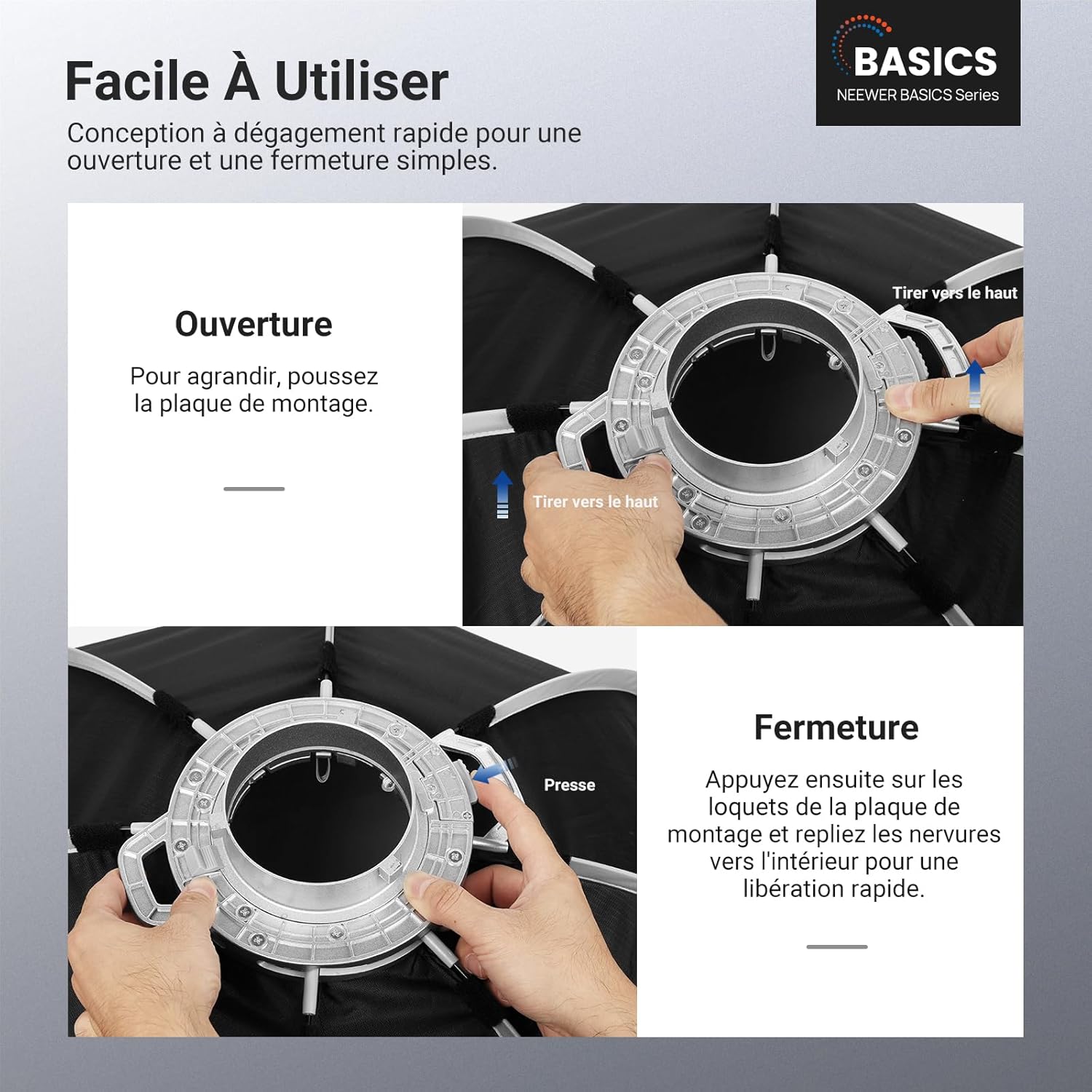 Detalle 2 de NEEWER Basics Boîte à lumière octogonale avec support Bowens (17,7 pouces) et kit de grille