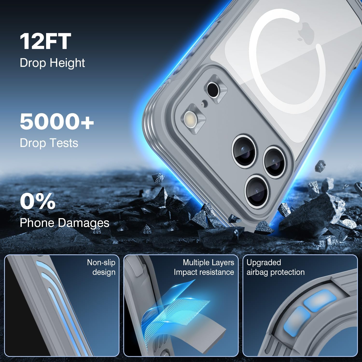 Detalle 2 de CENHUFO iPhone 17 Pro case with built-in 9H glass screen protector, full camera protection and MagSafe support (6.3 inch) - Gray