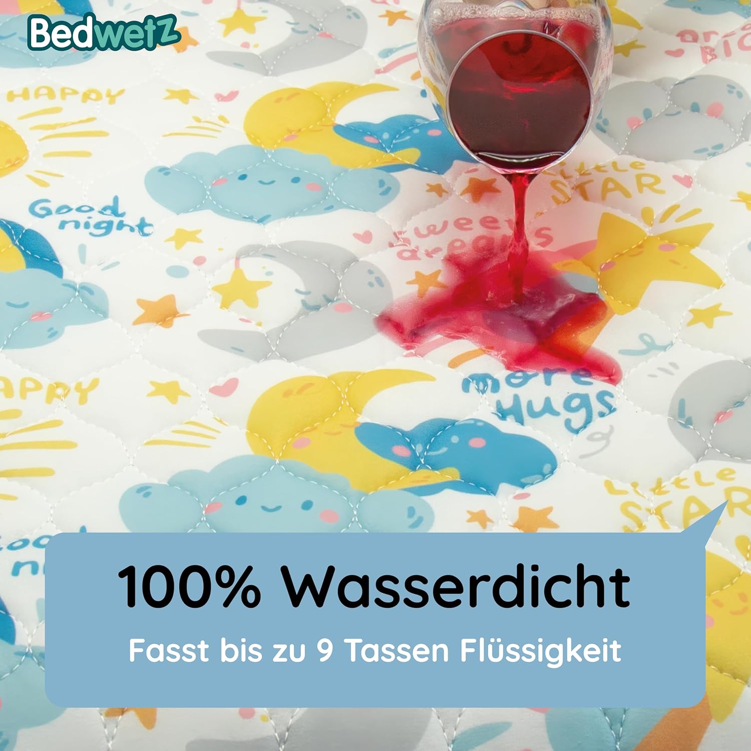 Detalle de Bedwetz® Bettunterlagen für Töpfchentraining, 100% wasserdicht – 86 x 91 cm (Plus Biesen), Mond-Design, 2er-Set