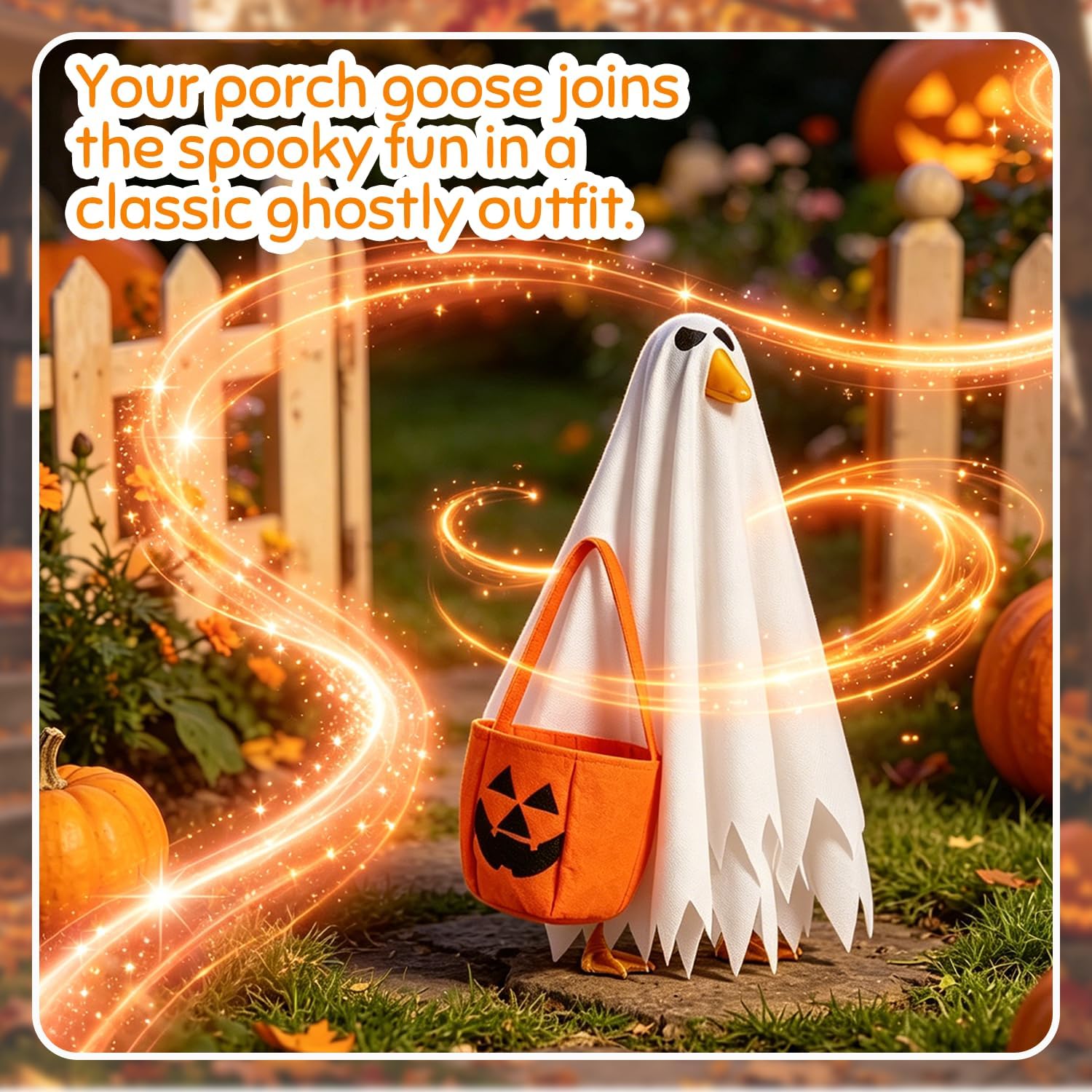 Detalle 1 de MEQUER Halloween Ghost Costume for 23-Inch Goose Statue with Pumpkin Bag