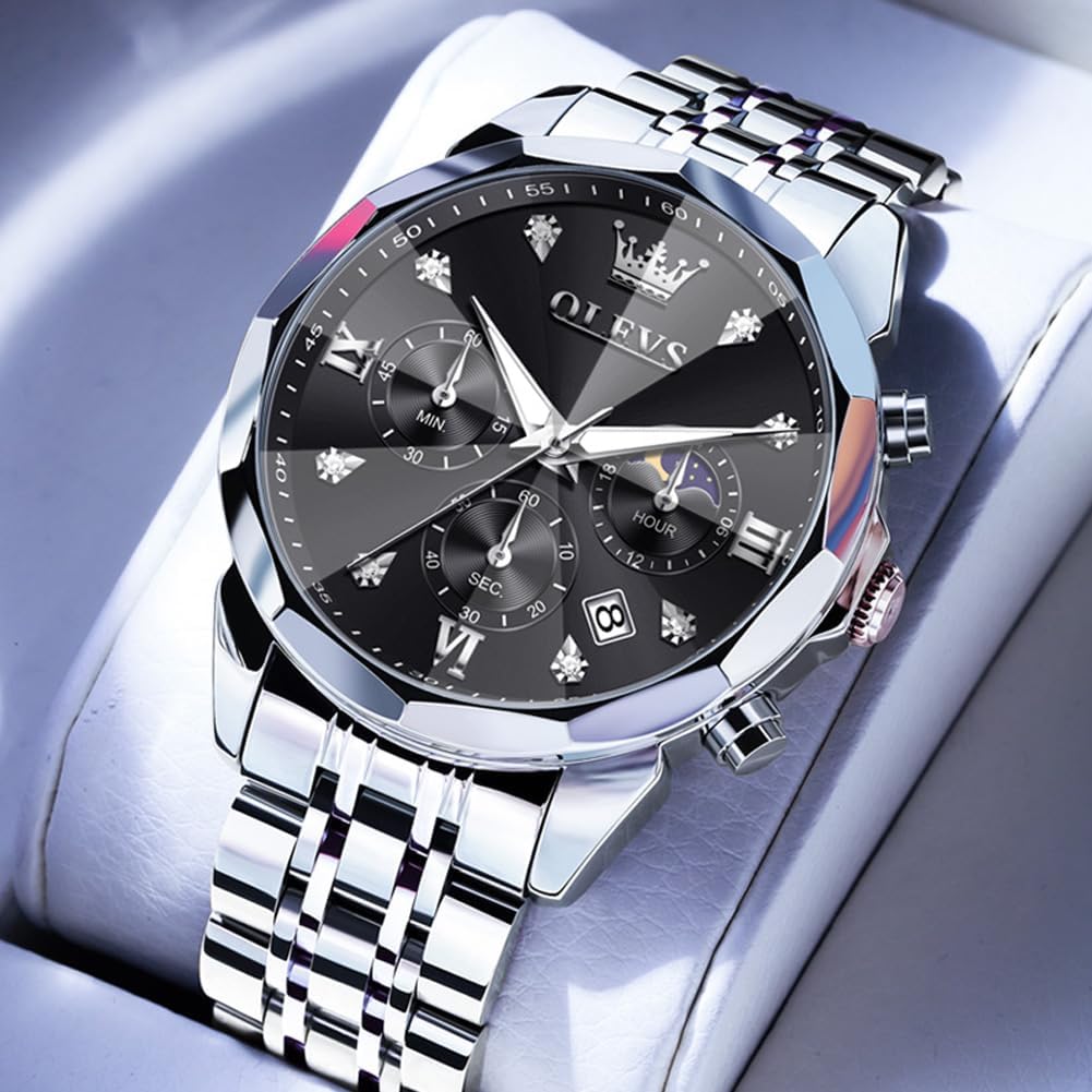 Detalle de OLEVS Herren Uhr Quarz „Luxus Business“ mit Chronograph, Mondphase, Datum und Edelstahlarmband