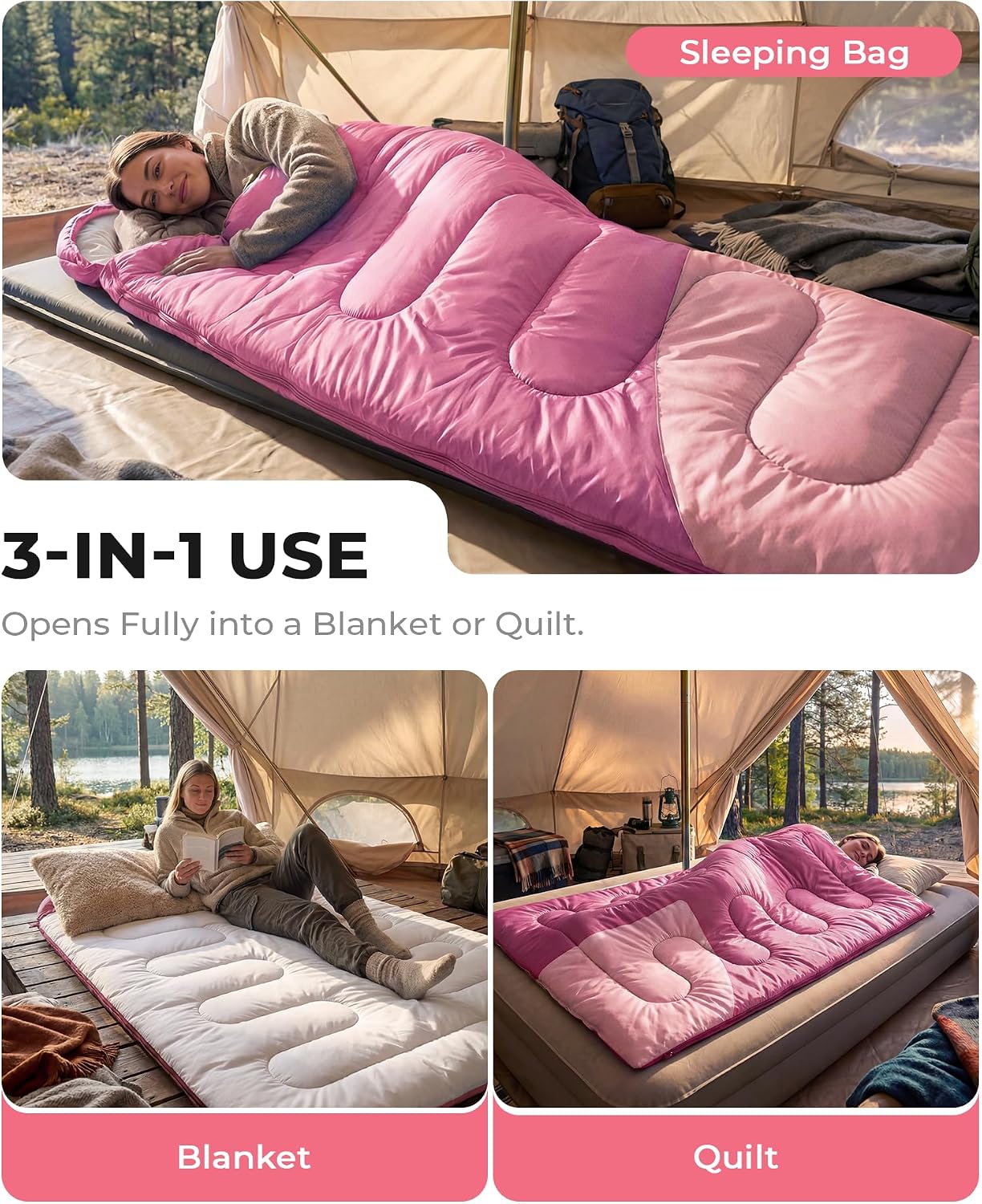 Thumbnail 3 de TANSTRIDER Rectangular Sleeping Bag, 3 lb with Compression Sack, Light Pink