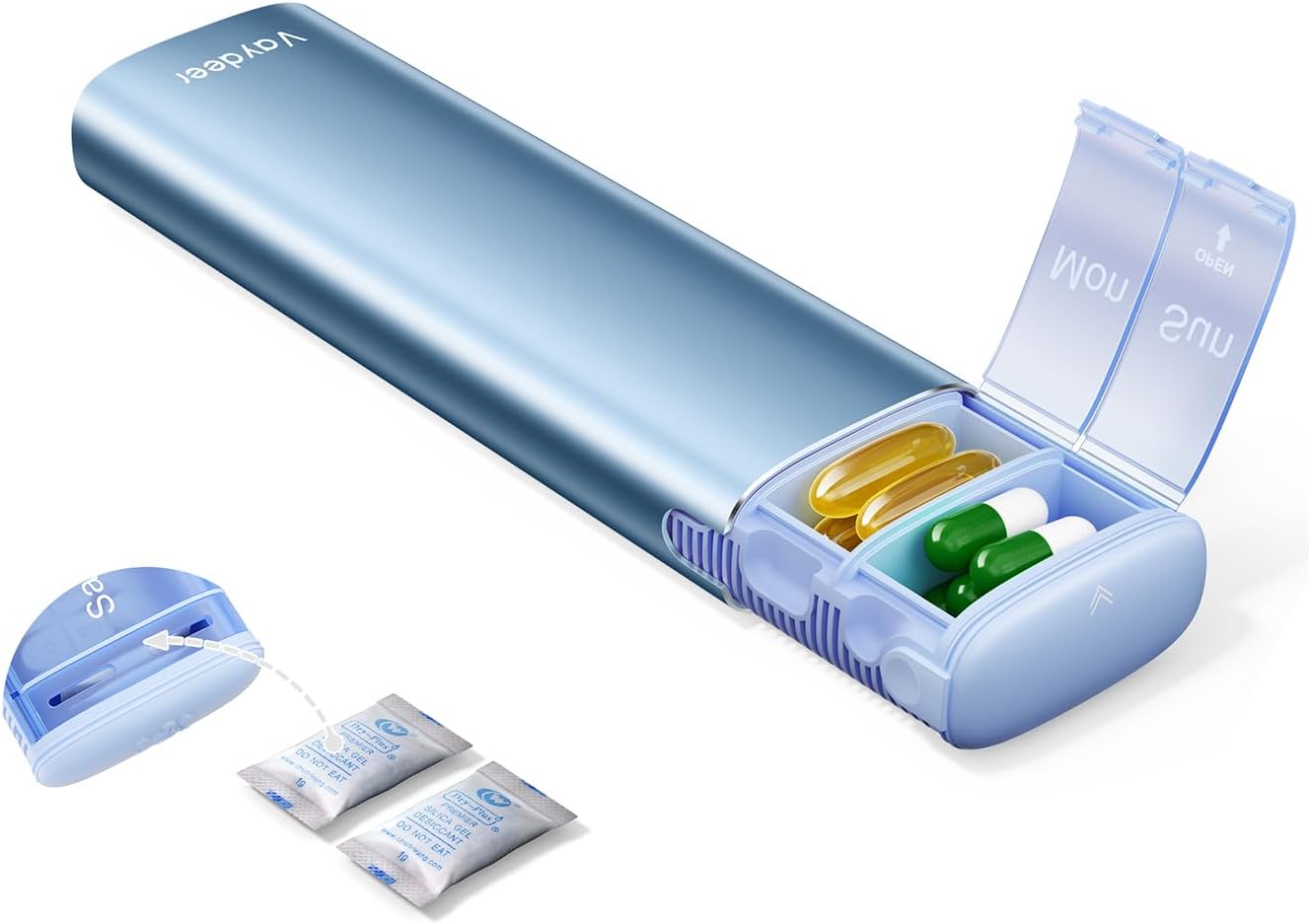 Detalle de VAYDEER PB1034-Vaydeer weekpillendoos voor 7 dagen, blauw met ruime vakken