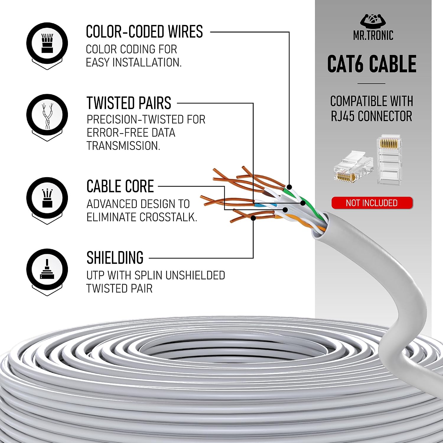 Thumbnail 1 de Mr. Tronic Cat6 25 m Ethernet Netzwerkkabel UTP – 1 Gbit/s, 250 MHz, CCA Bulk Kabel