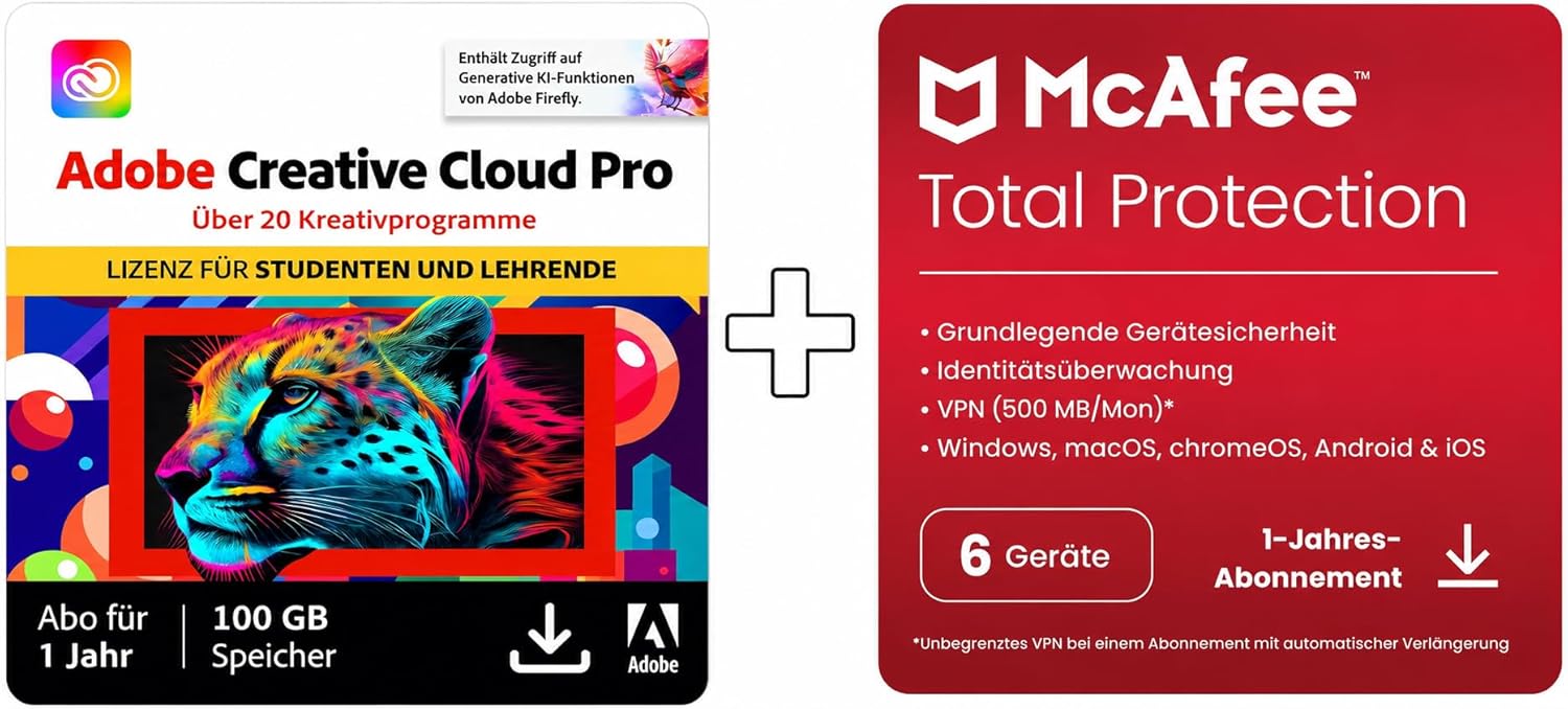Detalle de Adobe Creative Cloud All Apps Students & McAfee Total Protection 2026 – 6 Geräte, 12 Monate, digitaler Download
