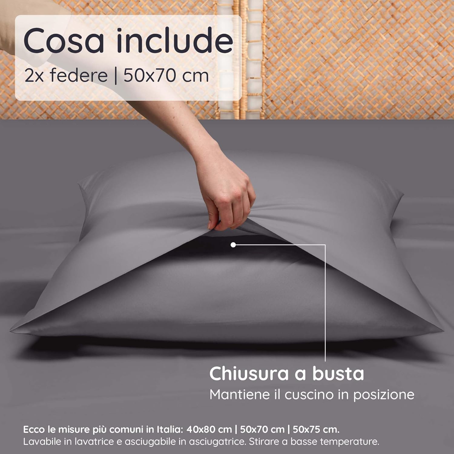 Detalle 2 de Bambaw Federe in bambù 50x70 cm (confezione da 2) anallergiche e antiacaro, grigio scuro