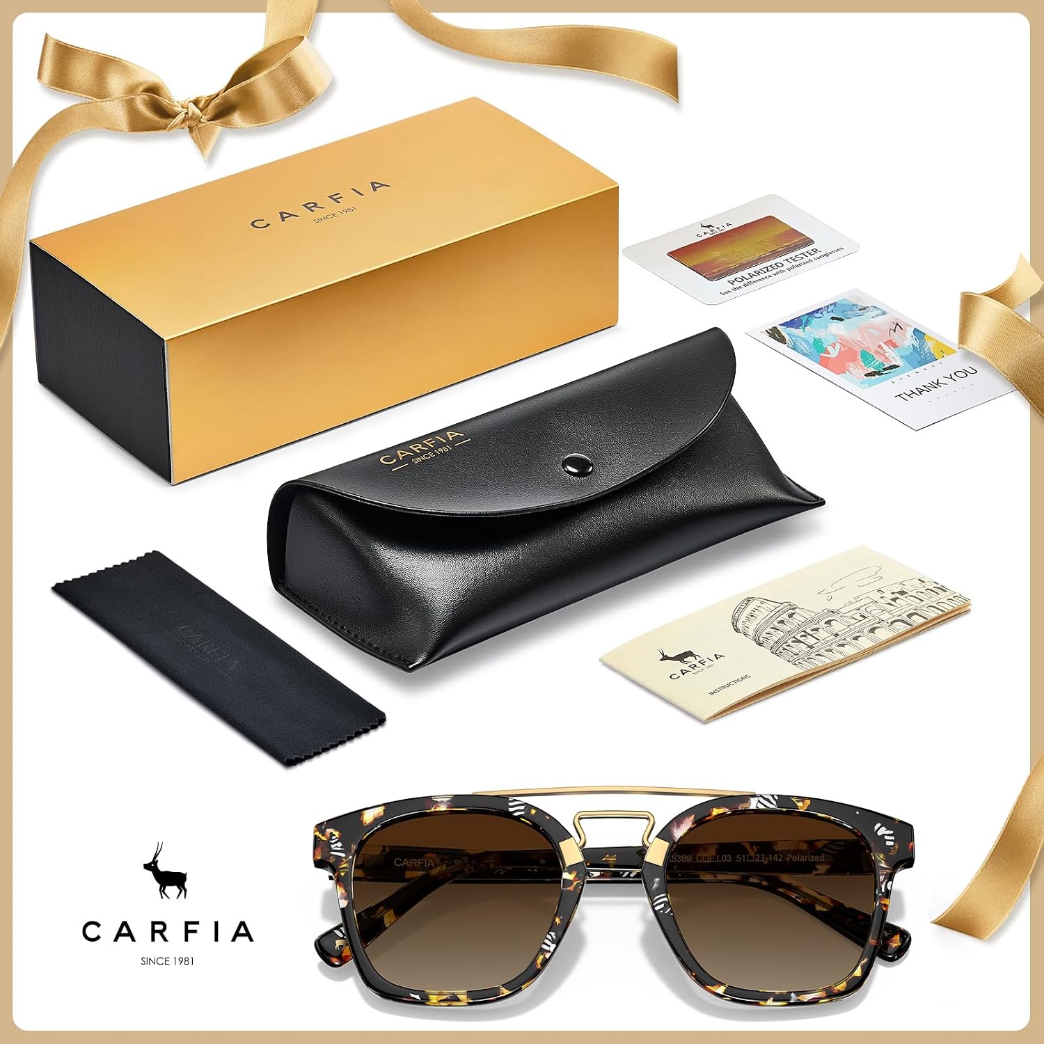 Thumbnail 6 de CARFIA Polarised Retro Square Sunglasses for Women – Acetate & Double Metal Bridge, UV400 Protection CA5399