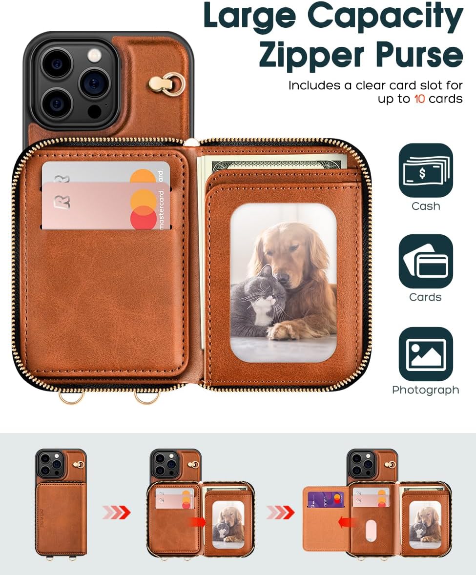 Thumbnail 2 de OCASE Hülle für iPhone 16 Pro Max – RFID-blockierende PU-Leder Wallet mit Reißverschluss, Standfunktion und Lanyard in Braun