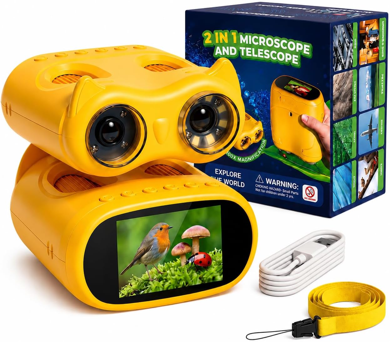 Detalle de OAEBLLE 2 in 1 Mikroskop für Kinder und Fernglas – 2 Zoll HD Bildschirm, 1000× Vergrößerung, 8 LEDs, 1080p
