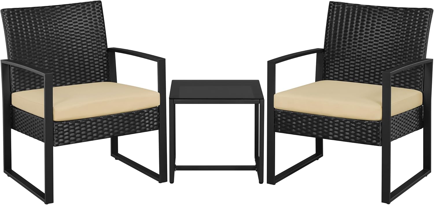 Detalle de Yaheetech Set Mobili da Giardino in Poly Rattan – 2 Sedie e Tavolino da Balcone con Cuscini