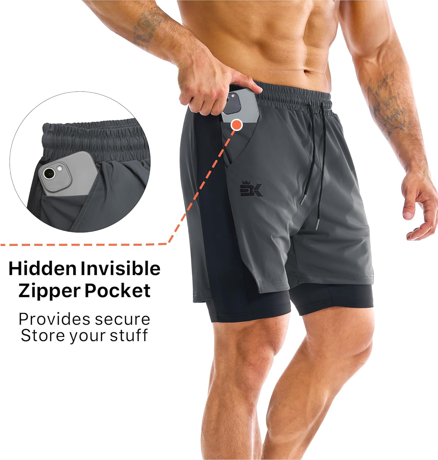 Detalle de BROKIG Men's Gym Shorts with Zip Pocket