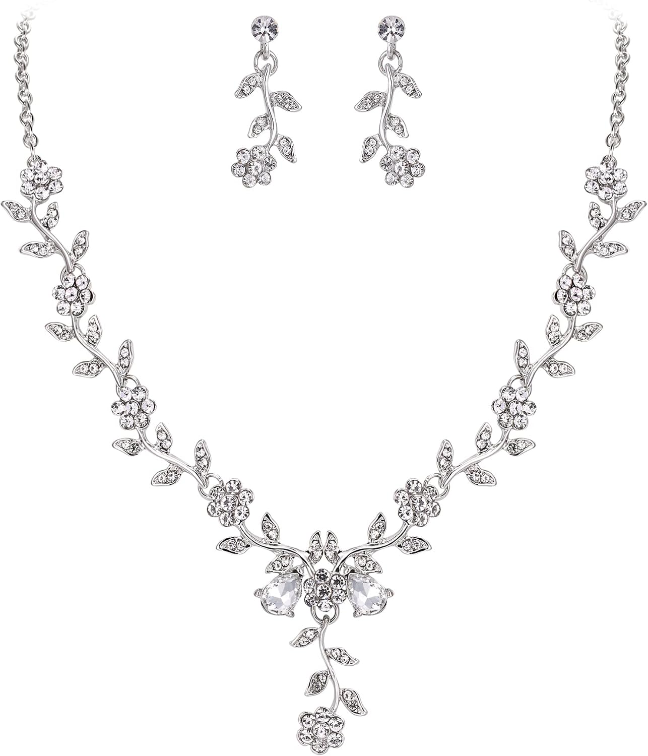 Set gioielli da sposa Clearine Donna con ciondolo foglia cluster e cristalli: collana + orecchini pendenti