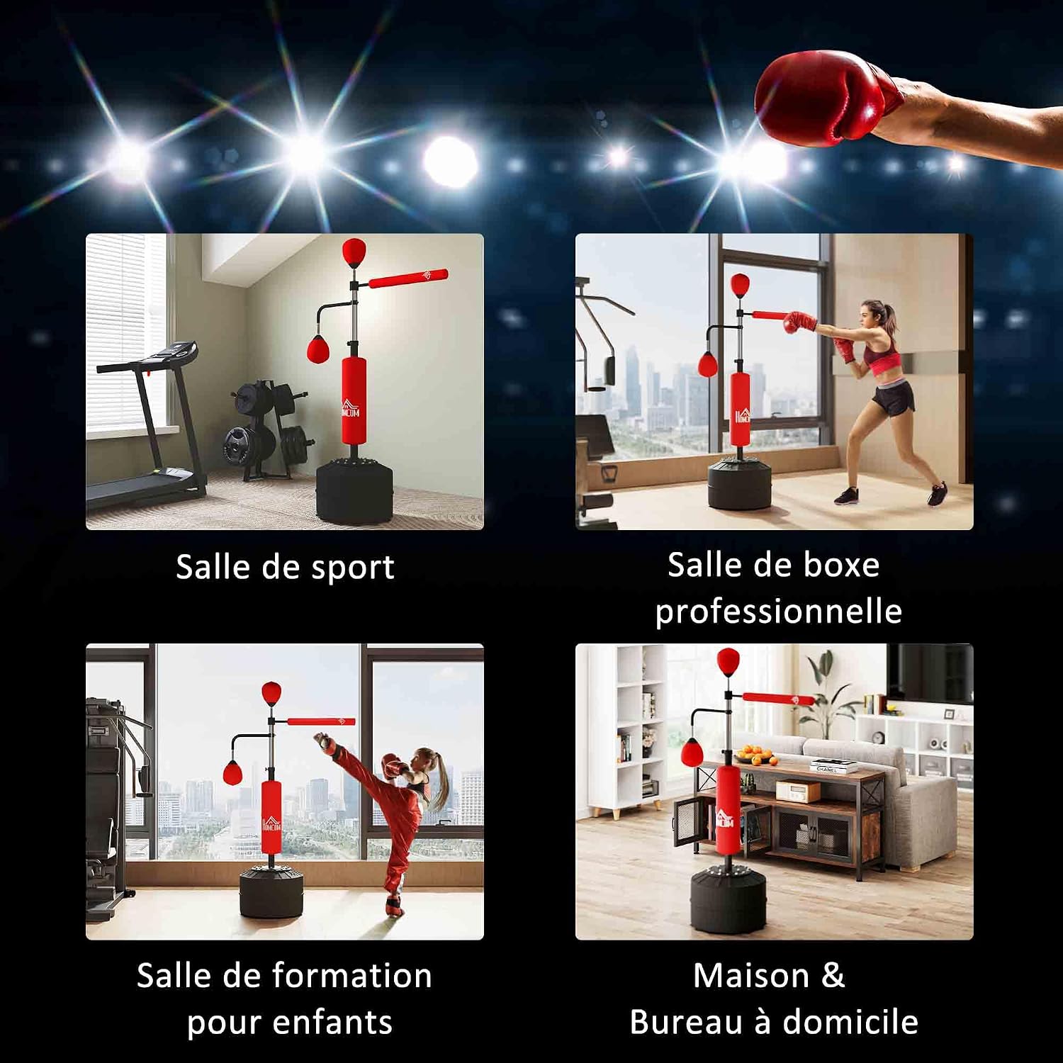 Detalle 2 de HOMCOM Sac de frappe sur pied 4 en 1 avec 2 balles de vitesse, barre rotative et hauteur réglable 160-230 cm