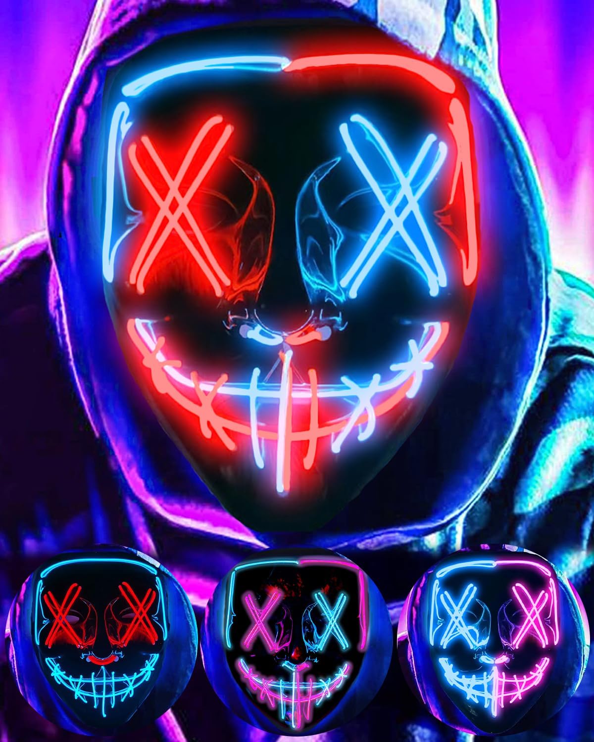 Thumbnail 6 de DWTECH LED Halloween Mask, Ice Blue and Pink, 3 Light Modes