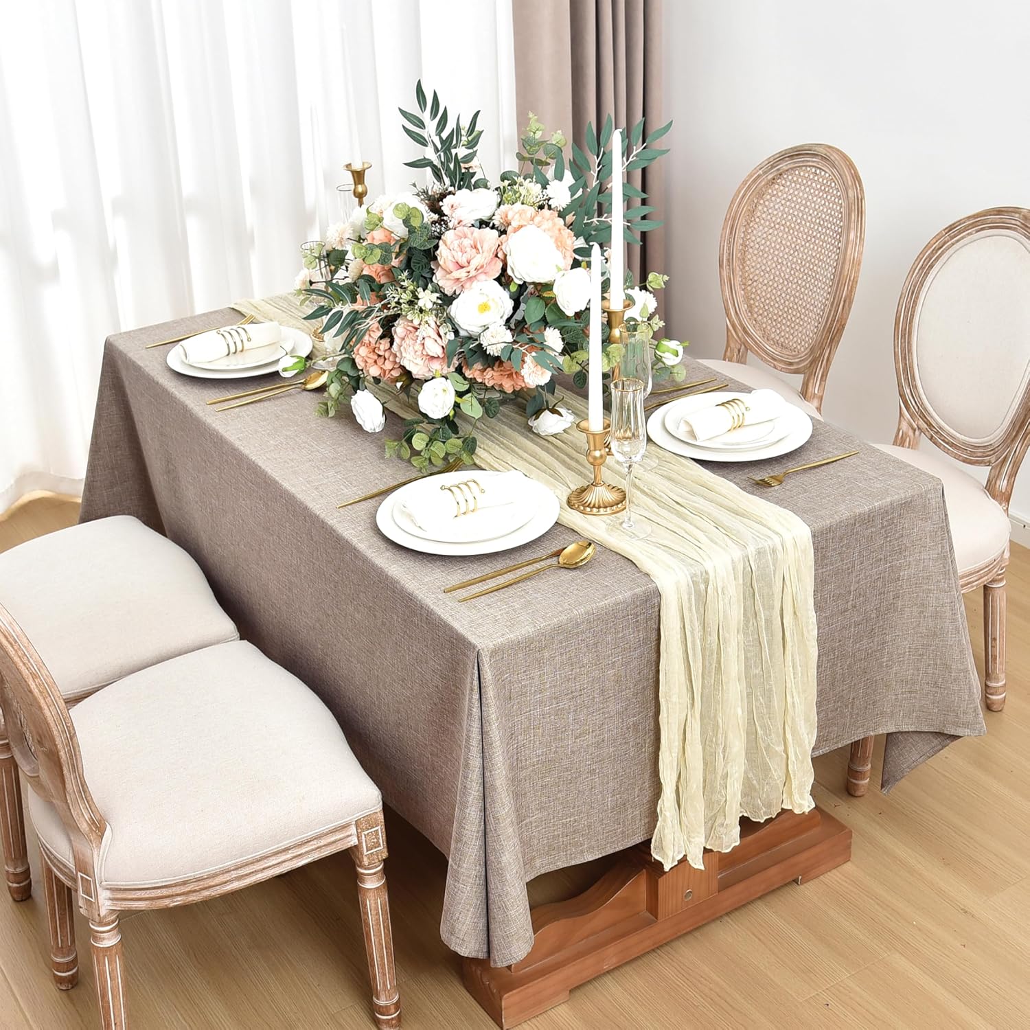 Detalle 2 de Fitable Faux Linen Tablecloths for Rectangle Tables (2-Pack, 60x102 Inch) – Water & Stain Resistant Farmhouse Table Covers