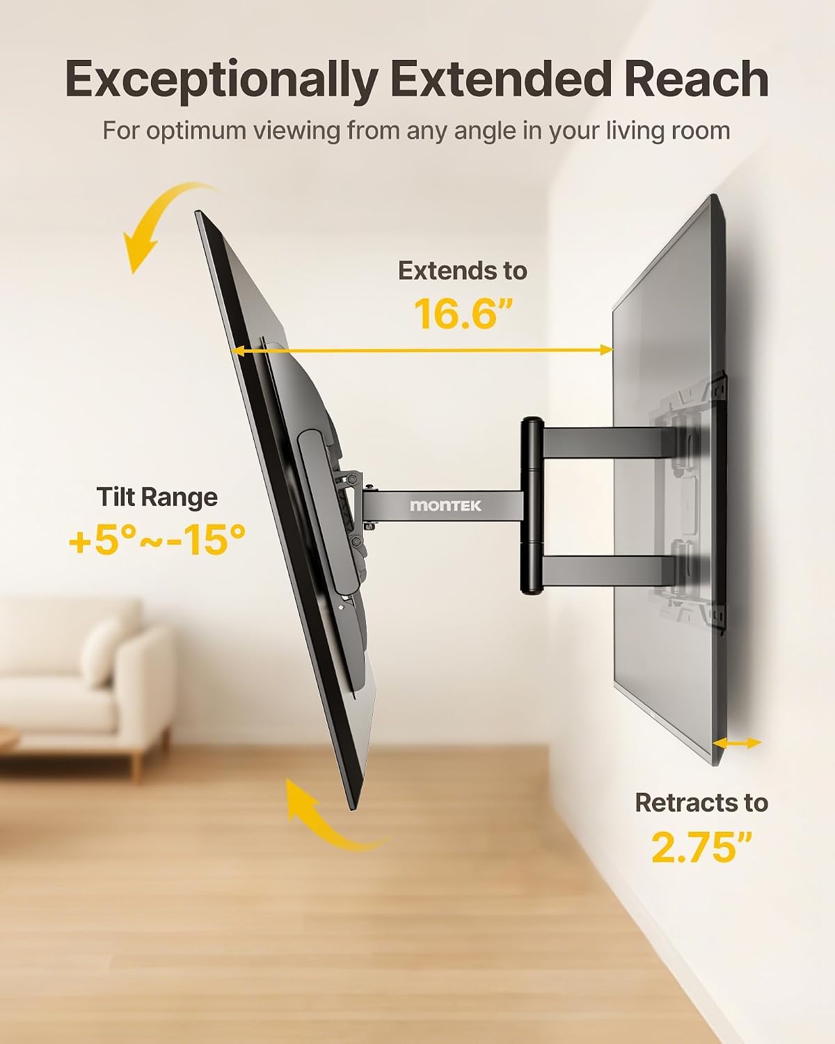 Detalle 2 de monTEK HW1272BK Full Motion TV Wall Mount for 37–84-Inch TVs