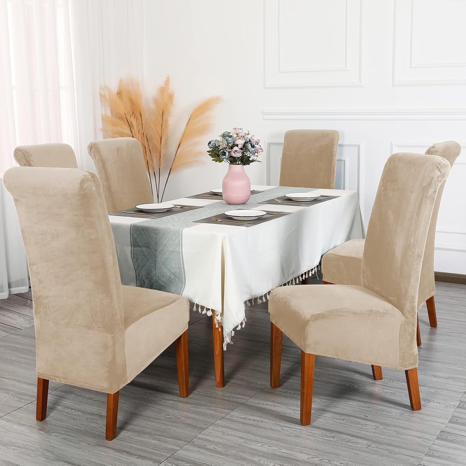 Thumbnail 1 de CMAKER Velvet Dining Chair Covers: Stretch Large, XL Beiges (Set of 2)