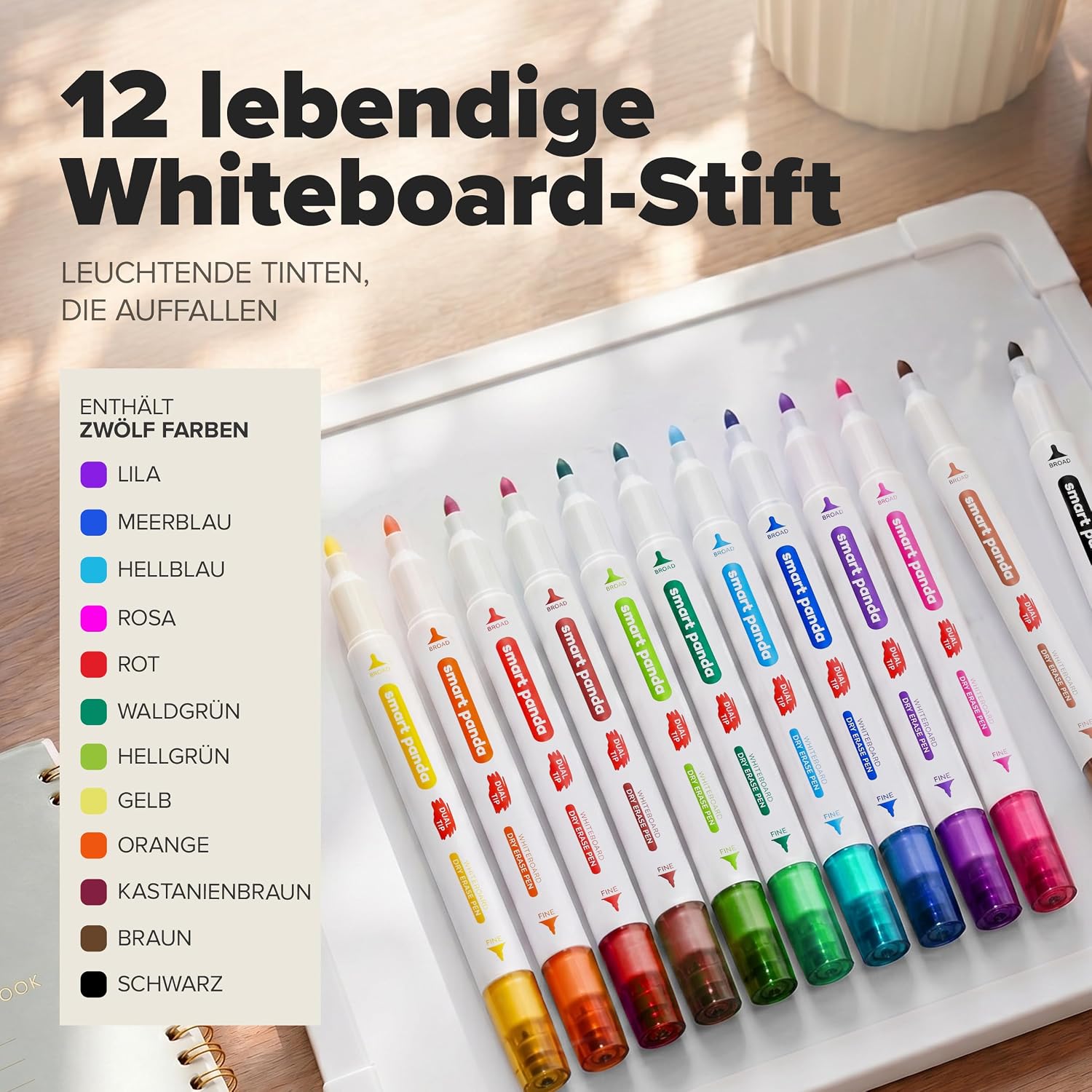 Detalle de SmartPanda Whiteboard Marker Set mit Doppelspitze (12 Farben) – abwischbar, non permanent