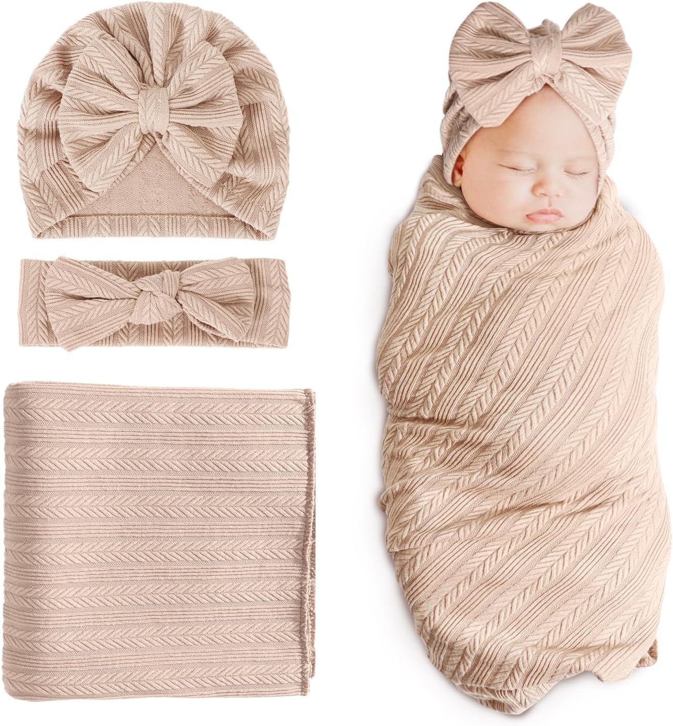 Detalle de DRESHOW Newborn Receiving Blanket Toddler Warm with Matching Bow Hat and Bow Headband