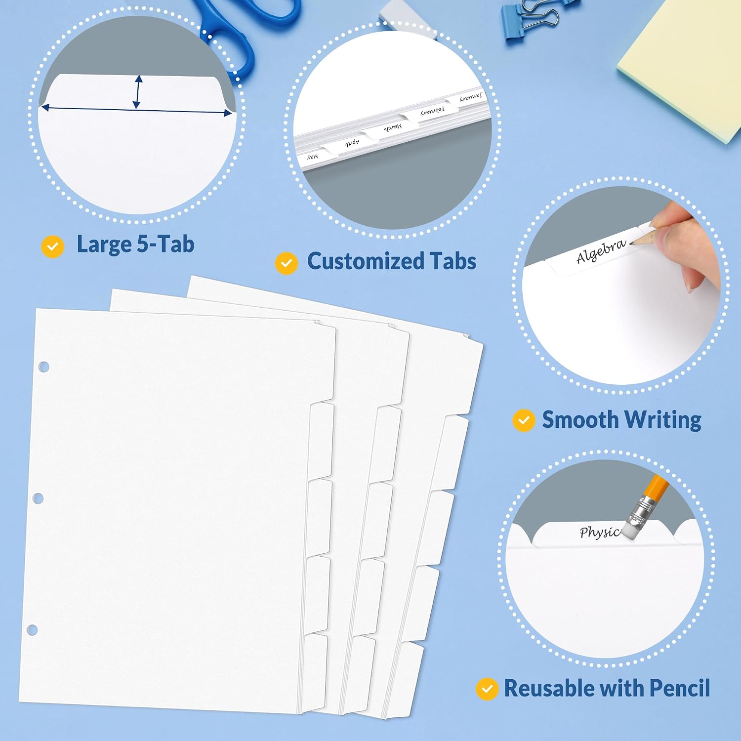 Detalle de SUNEE 5 Tab - 20 Set Binder Dividers, Letter Size, 3-Hole, White Tabs