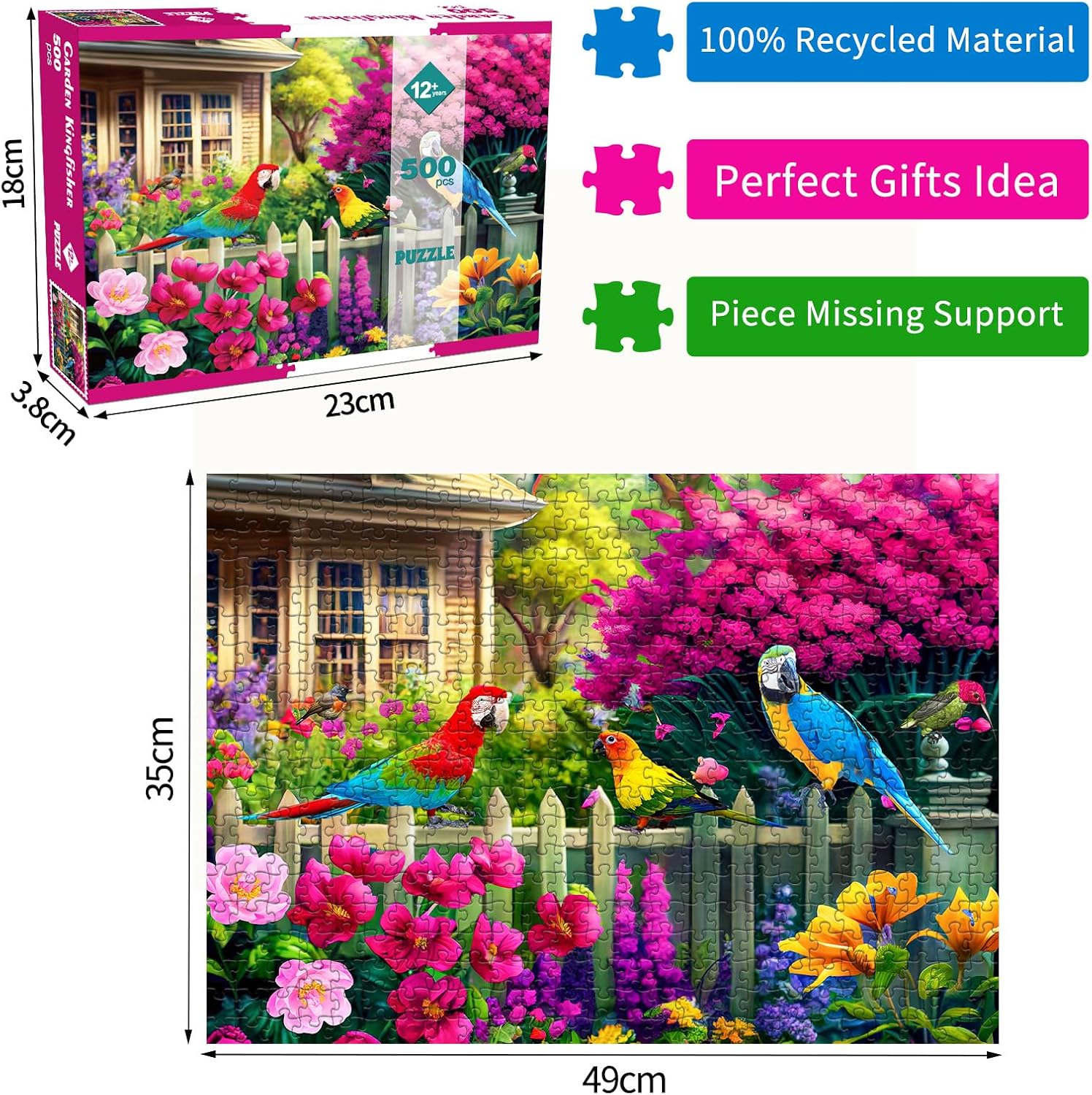 Thumbnail 4 de Garden Kingfisher 500-Piece Jigsaw Puzzle for Adults (49 x 35cm) with Glare-Free Poster