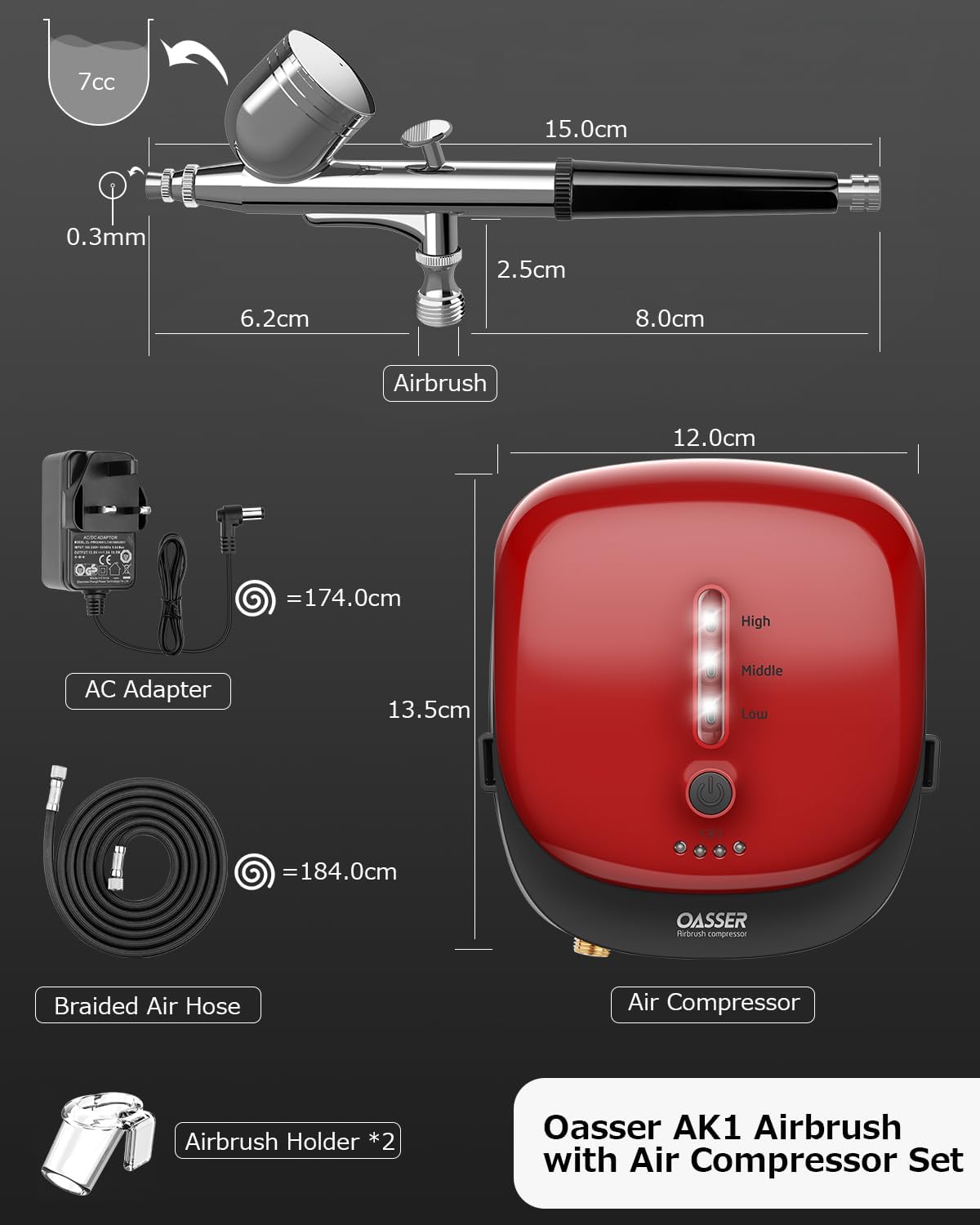Detalle 2 de Oasser Dual Action Airbrush Compressor Kit with Rechargeable 1000mAh Battery (0.3mm nozzle, 3 pressure modes)