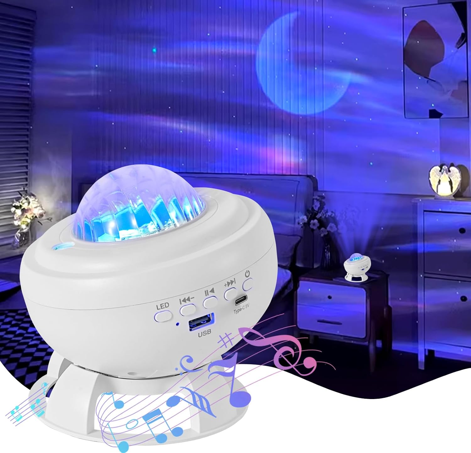 Detalle de Proiettore Stelle Soffitto LED con Lettore Bluetooth: 8 animazioni aurora boreale, altoparlante integrato e ricaricabile
