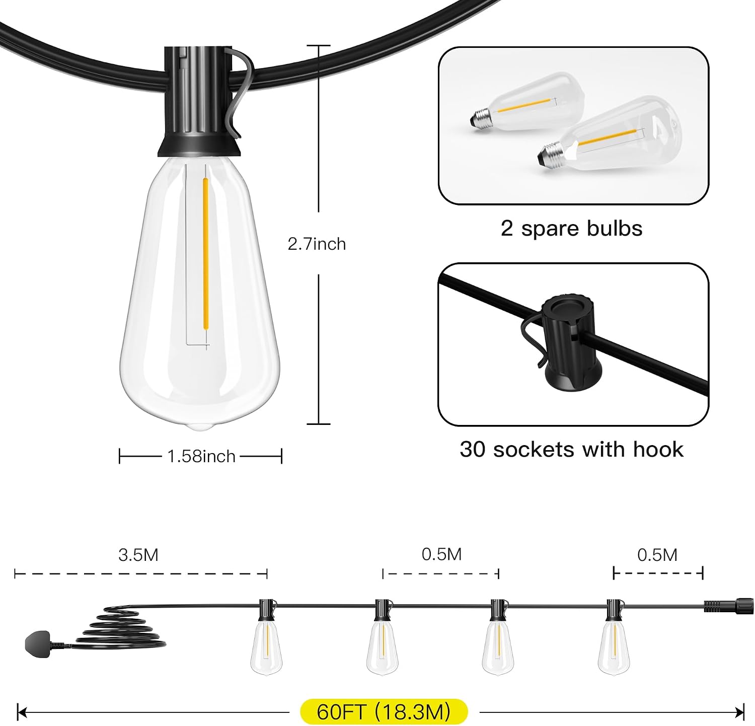 Detalle 2 de Torkase GLS-20J2P – zewnętrzny łańcuch LED 18 m, 30+2 żarówki ST38
