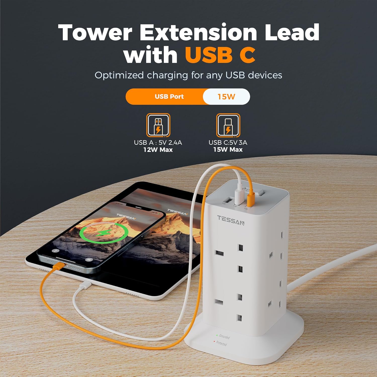 Thumbnail 2 de Tower Extension Lead 5M with USB C Slots 8 Way Surge Protector