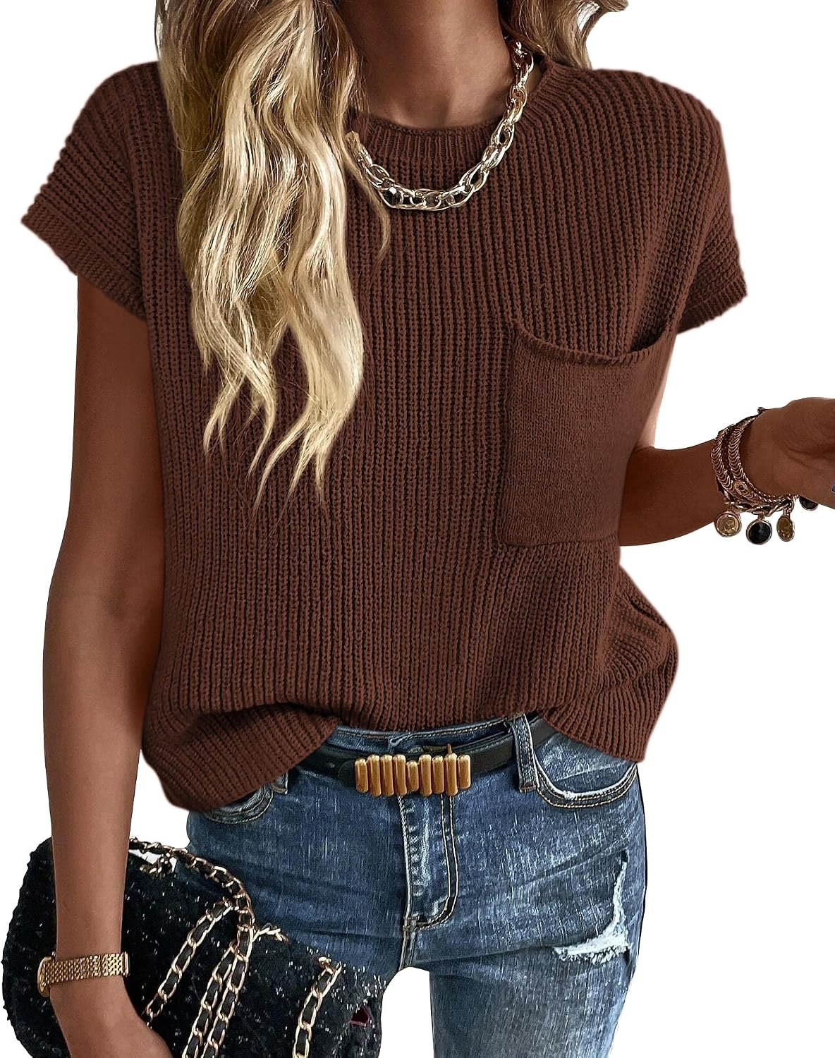 Thumbnail 6 de KIRUNDO Women’s Short Sleeve Sweater Vest (Cotton Knit Pullover Tank Top), Crew Neck Ribbed Knit