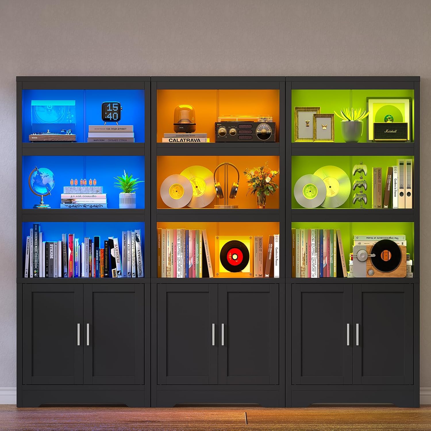 Detalle 2 de TEENFON bookcases 5-Shelf Bookcase with LED Lights, Doors and Adjustable Shelf