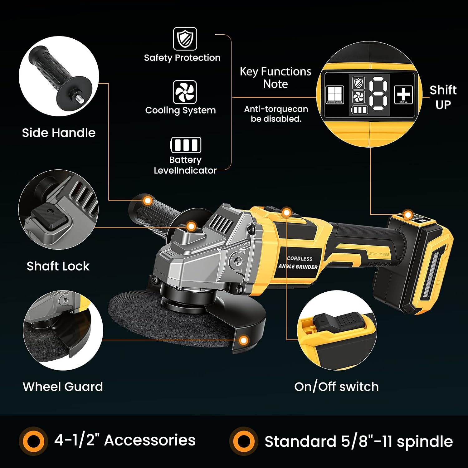 Detalle de Bclythax Cordless Angle Grinder, 4-1/2-inch, 6-Speed with LED Display